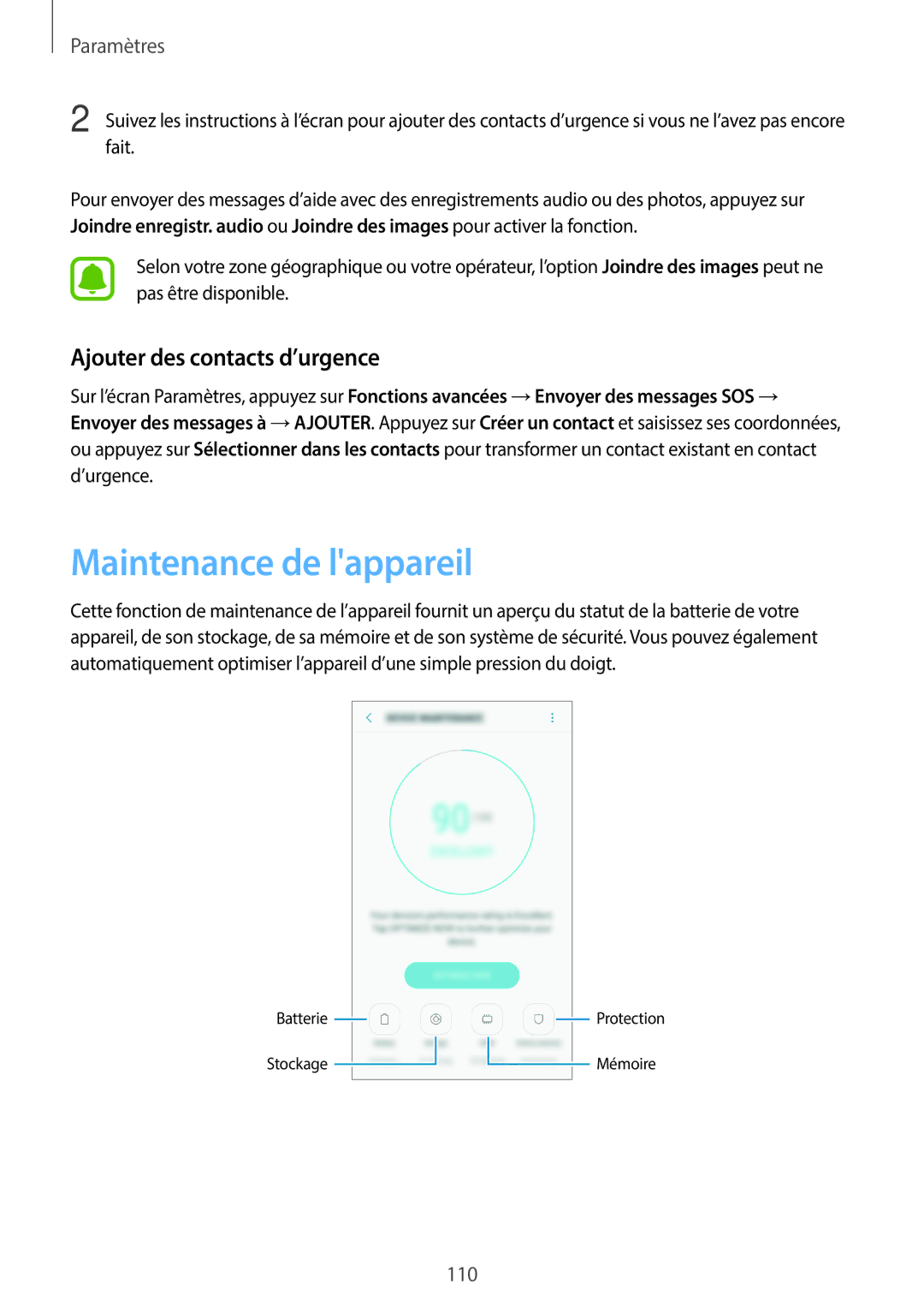 Samsung SM-G390FZKAXEF manual Maintenance de lappareil, Ajouter des contacts d’urgence 