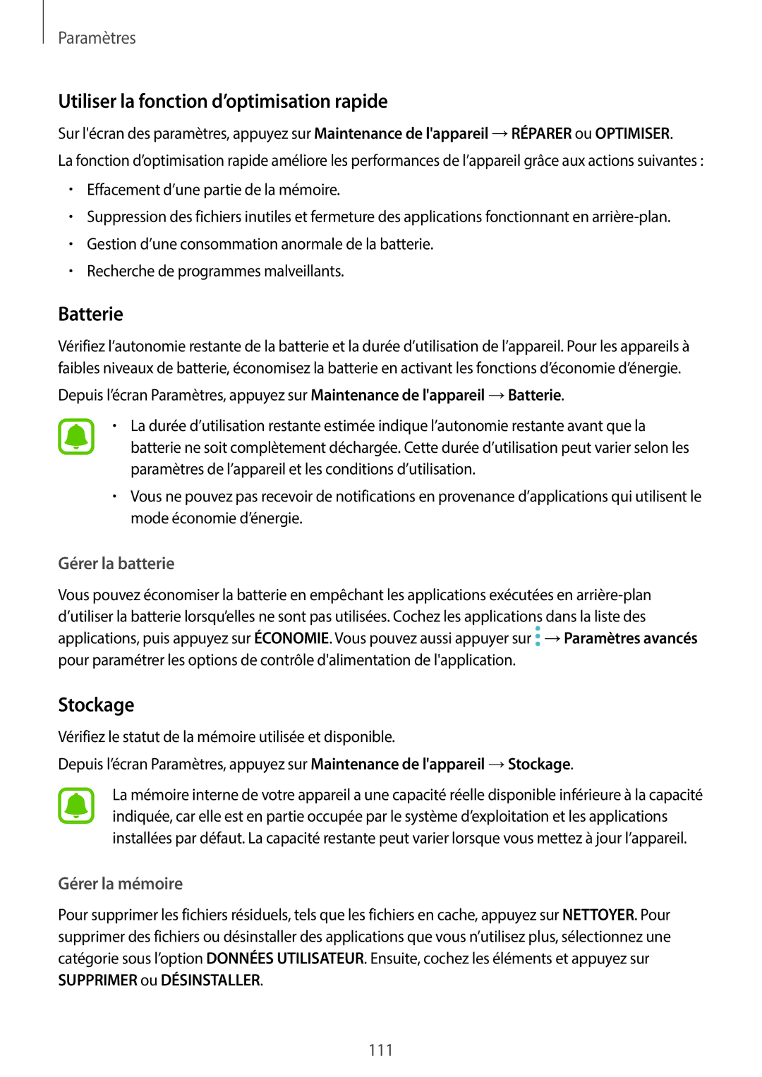 Samsung SM-G390FZKAXEF manual Utiliser la fonction d’optimisation rapide, Batterie, Stockage 