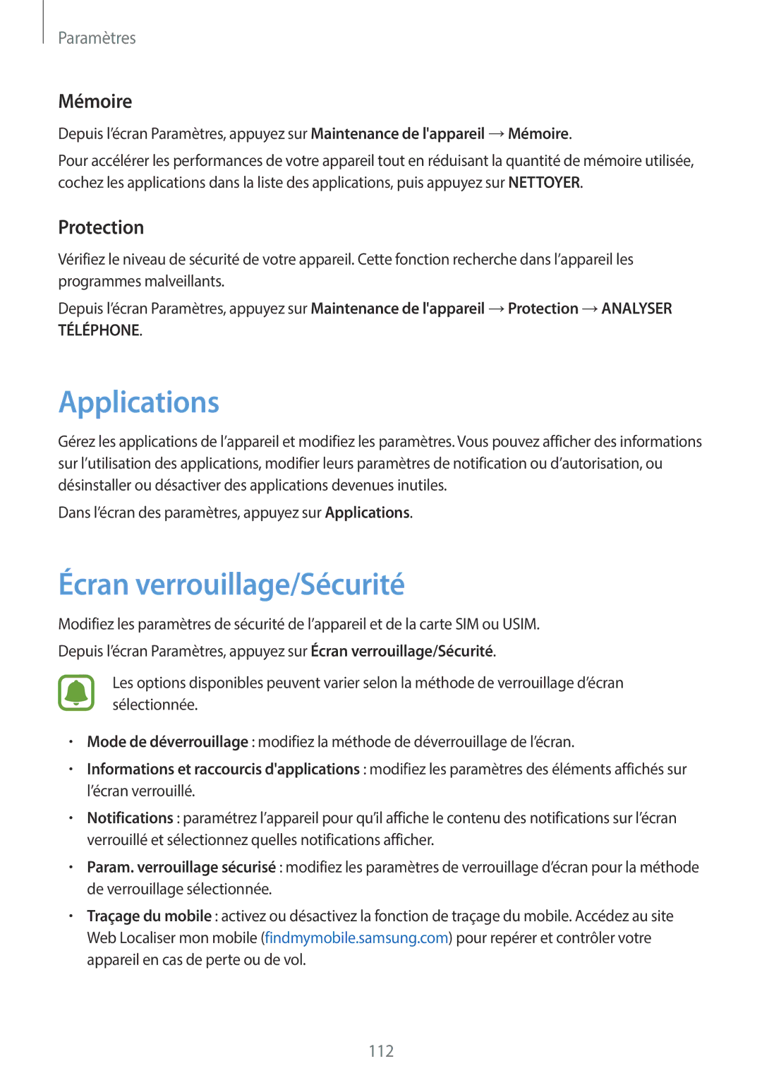 Samsung SM-G390FZKAXEF manual Applications, Écran verrouillage/Sécurité, Mémoire, Protection 