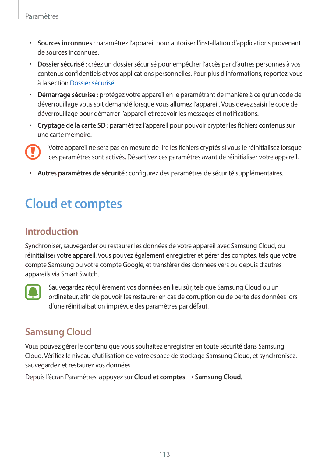 Samsung SM-G390FZKAXEF manual Cloud et comptes, Samsung Cloud 