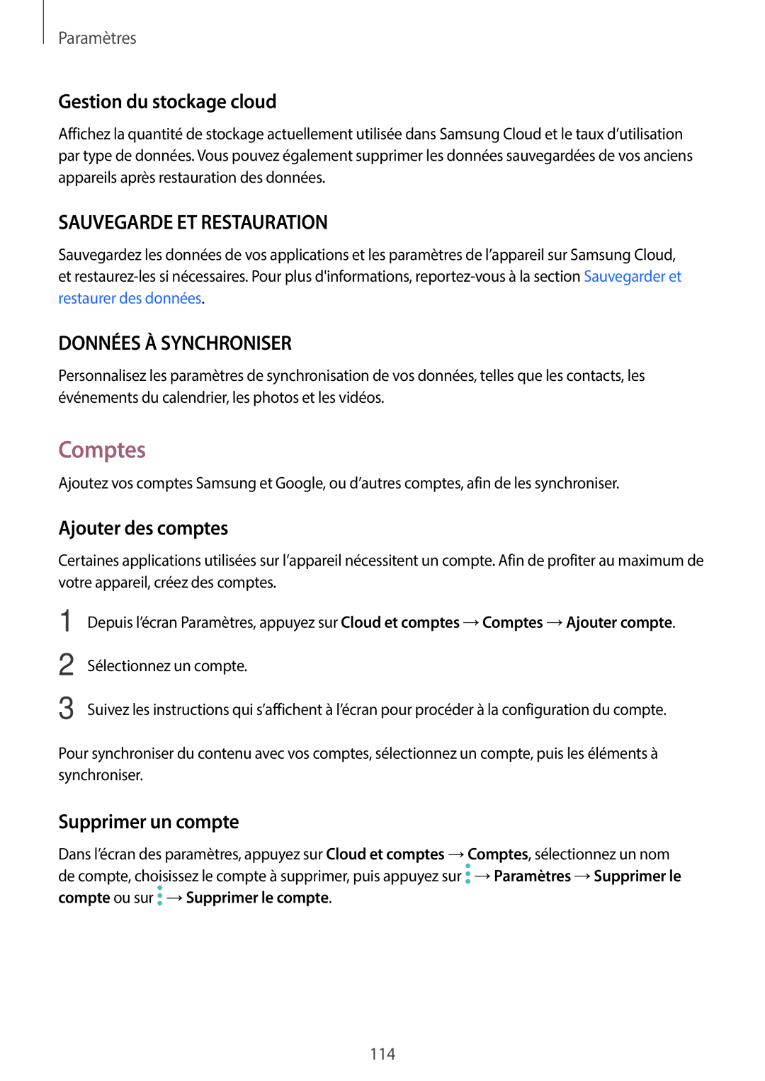 Samsung SM-G390FZKAXEF manual Comptes, Gestion du stockage cloud, Ajouter des comptes, Supprimer un compte 