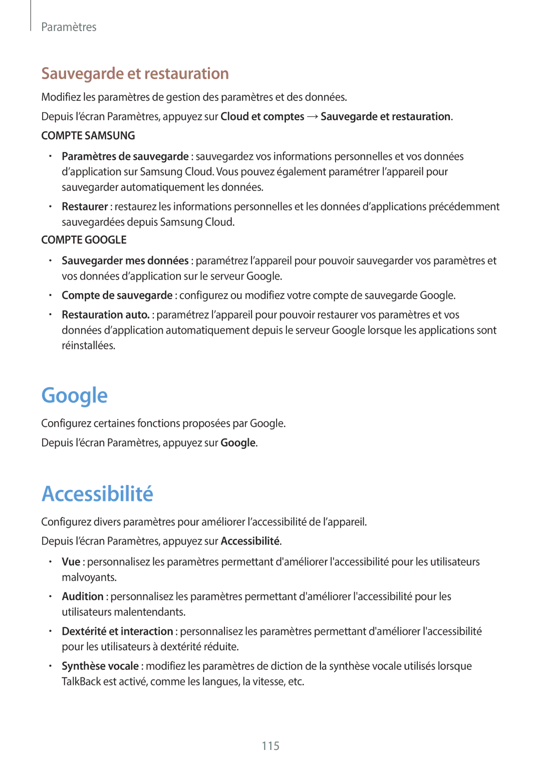 Samsung SM-G390FZKAXEF manual Google, Accessibilité, Sauvegarde et restauration 