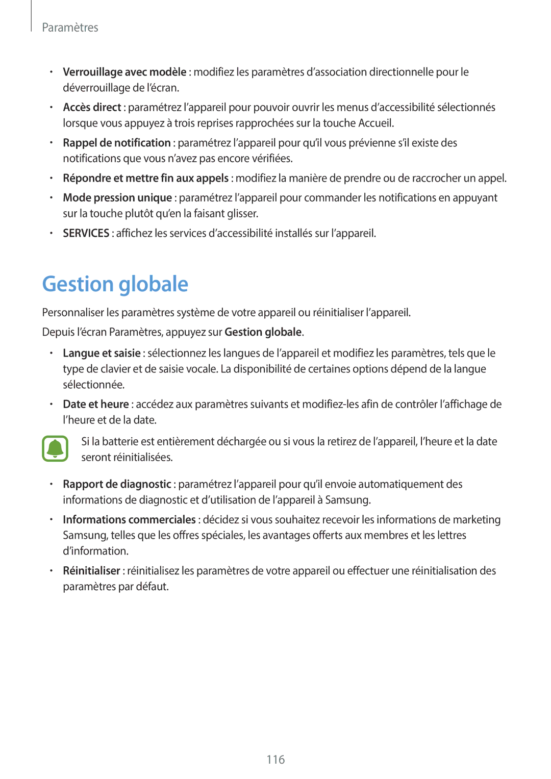 Samsung SM-G390FZKAXEF manual Gestion globale 