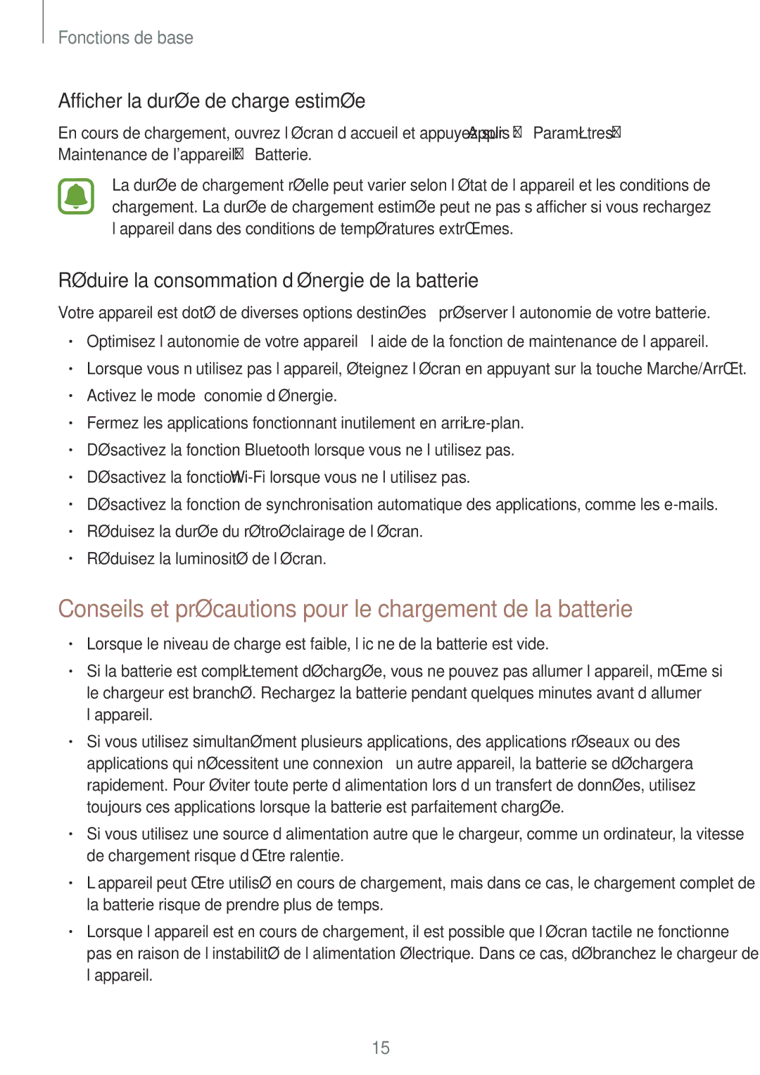 Samsung SM-G390FZKAXEF Conseils et précautions pour le chargement de la batterie, Afficher la durée de charge estimée 