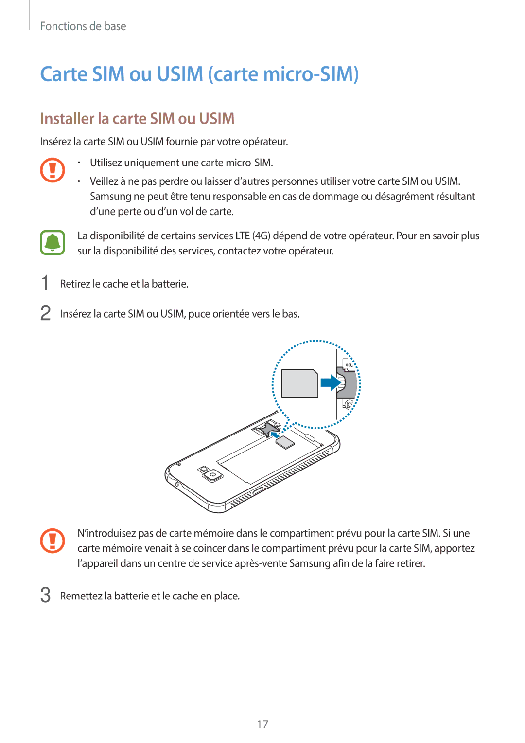 Samsung SM-G390FZKAXEF manual Carte SIM ou Usim carte micro-SIM, Installer la carte SIM ou Usim 