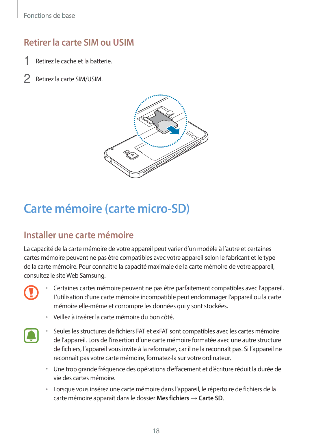 Samsung SM-G390FZKAXEF manual Carte mémoire carte micro-SD, Retirer la carte SIM ou Usim, Installer une carte mémoire 