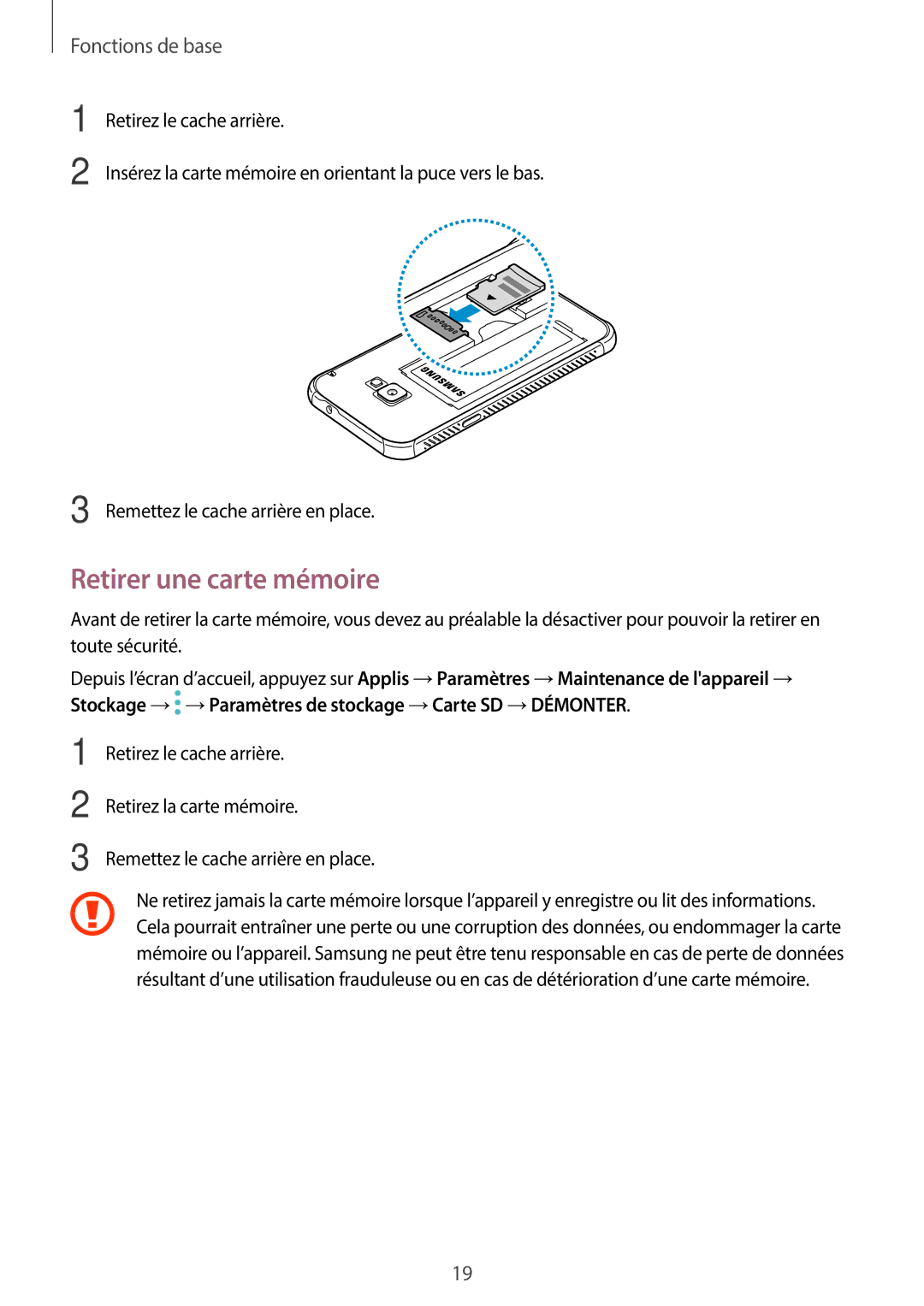 Samsung SM-G390FZKAXEF manual Retirer une carte mémoire 