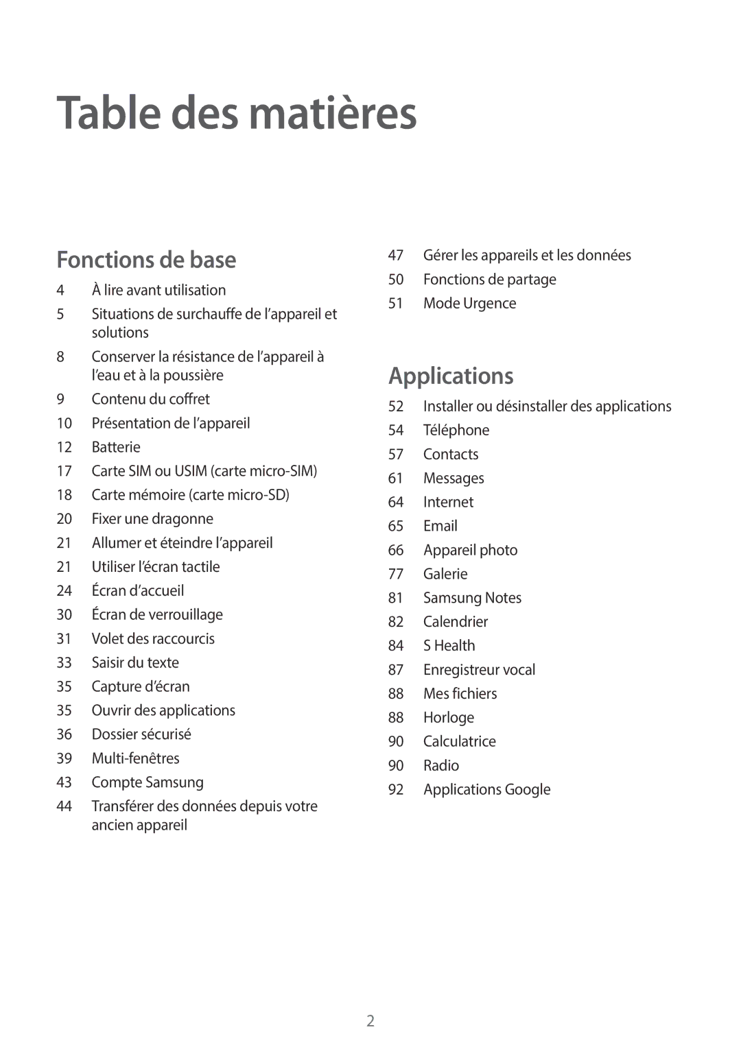 Samsung SM-G390FZKAXEF manual Table des matières 