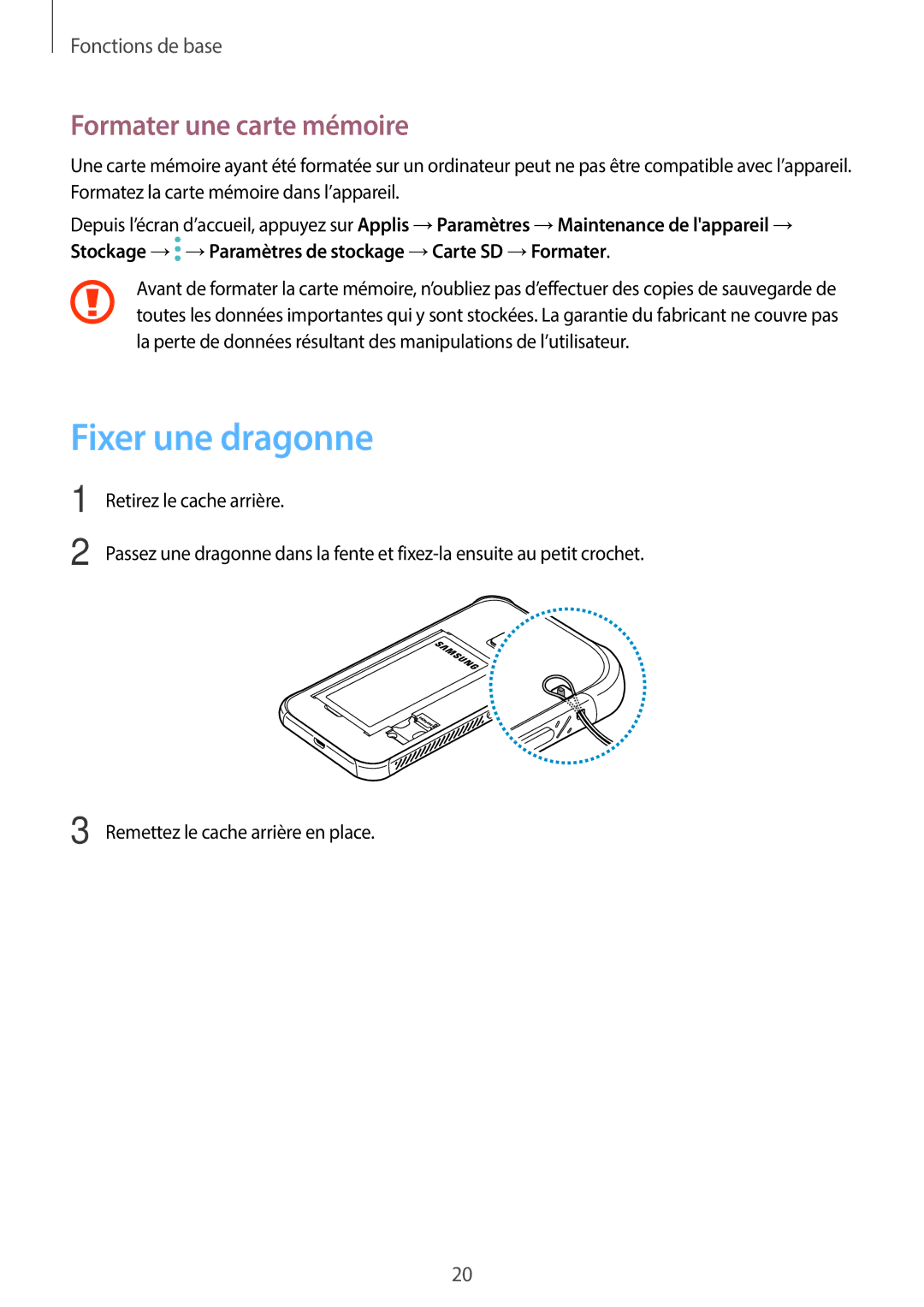 Samsung SM-G390FZKAXEF manual Fixer une dragonne, Formater une carte mémoire 