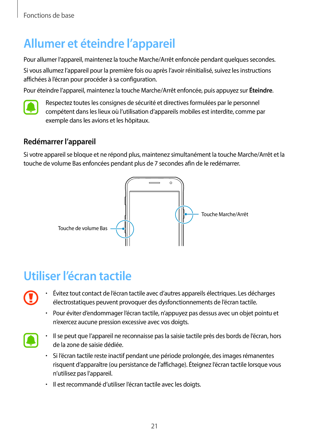 Samsung SM-G390FZKAXEF manual Allumer et éteindre l’appareil, Utiliser l’écran tactile, Redémarrer l’appareil 