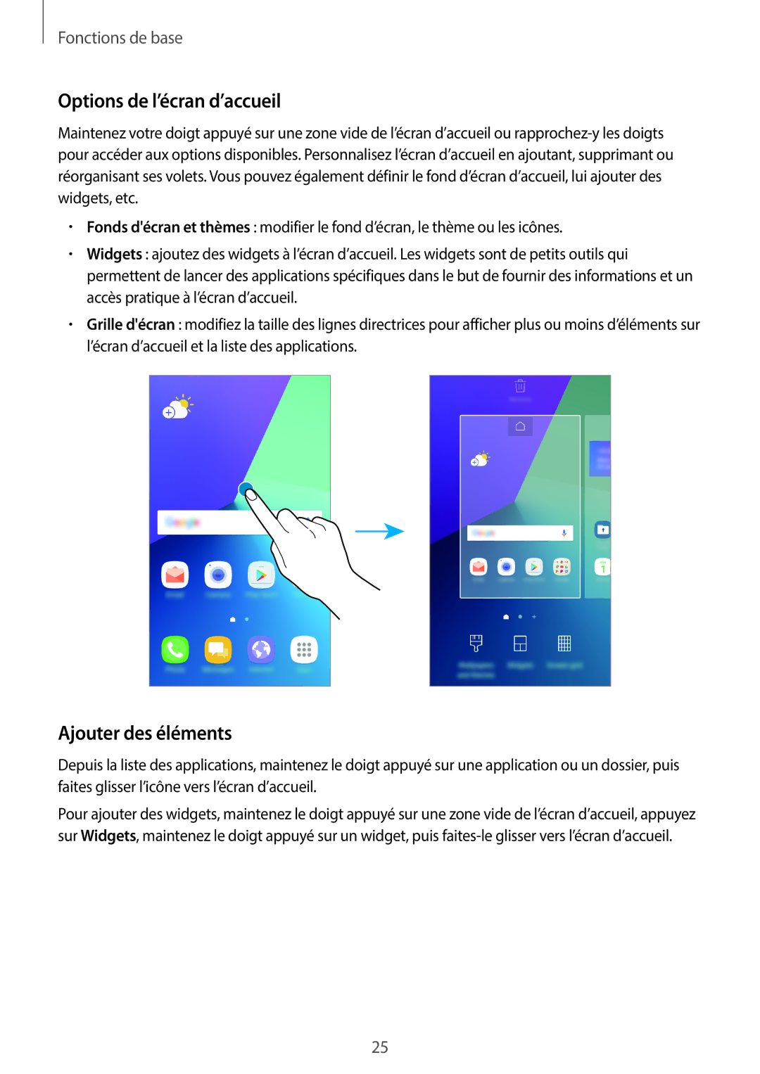 Samsung SM-G390FZKAXEF manual Options de l’écran d’accueil, Ajouter des éléments 