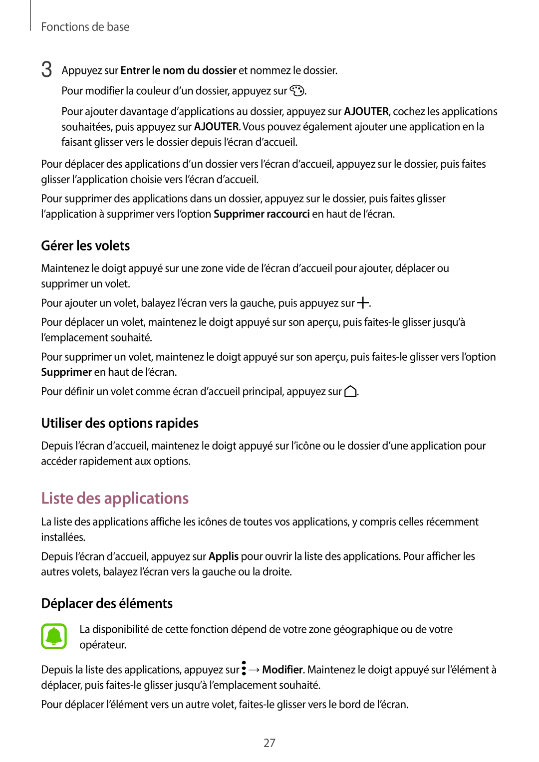 Samsung SM-G390FZKAXEF manual Liste des applications, Gérer les volets, Utiliser des options rapides 