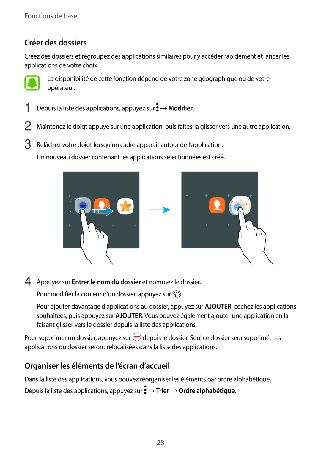 Samsung SM-G390FZKAXEF manual Organiser les éléments de l’écran d’accueil 