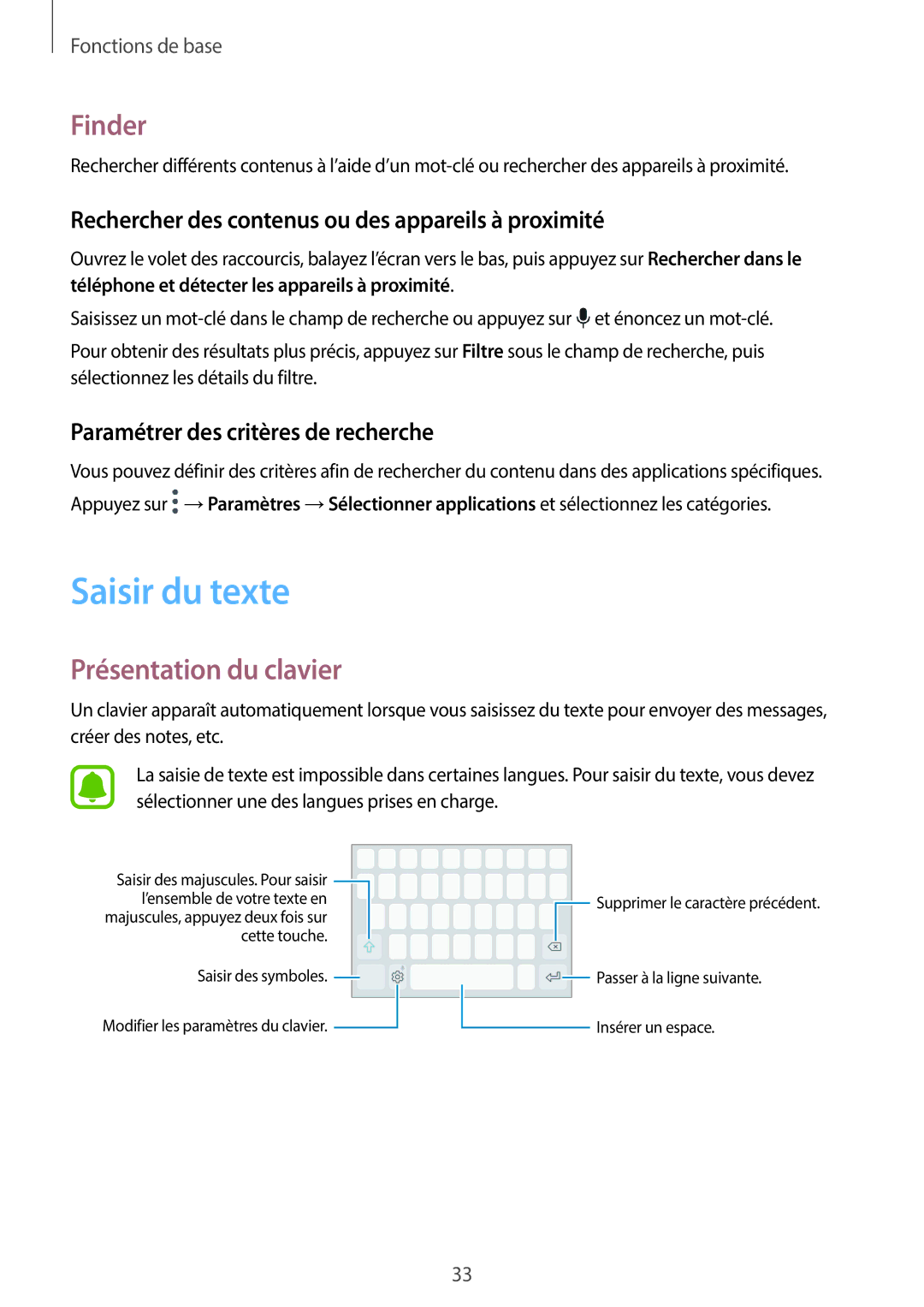 Samsung SM-G390FZKAXEF manual Saisir du texte, Finder, Présentation du clavier, Paramétrer des critères de recherche 