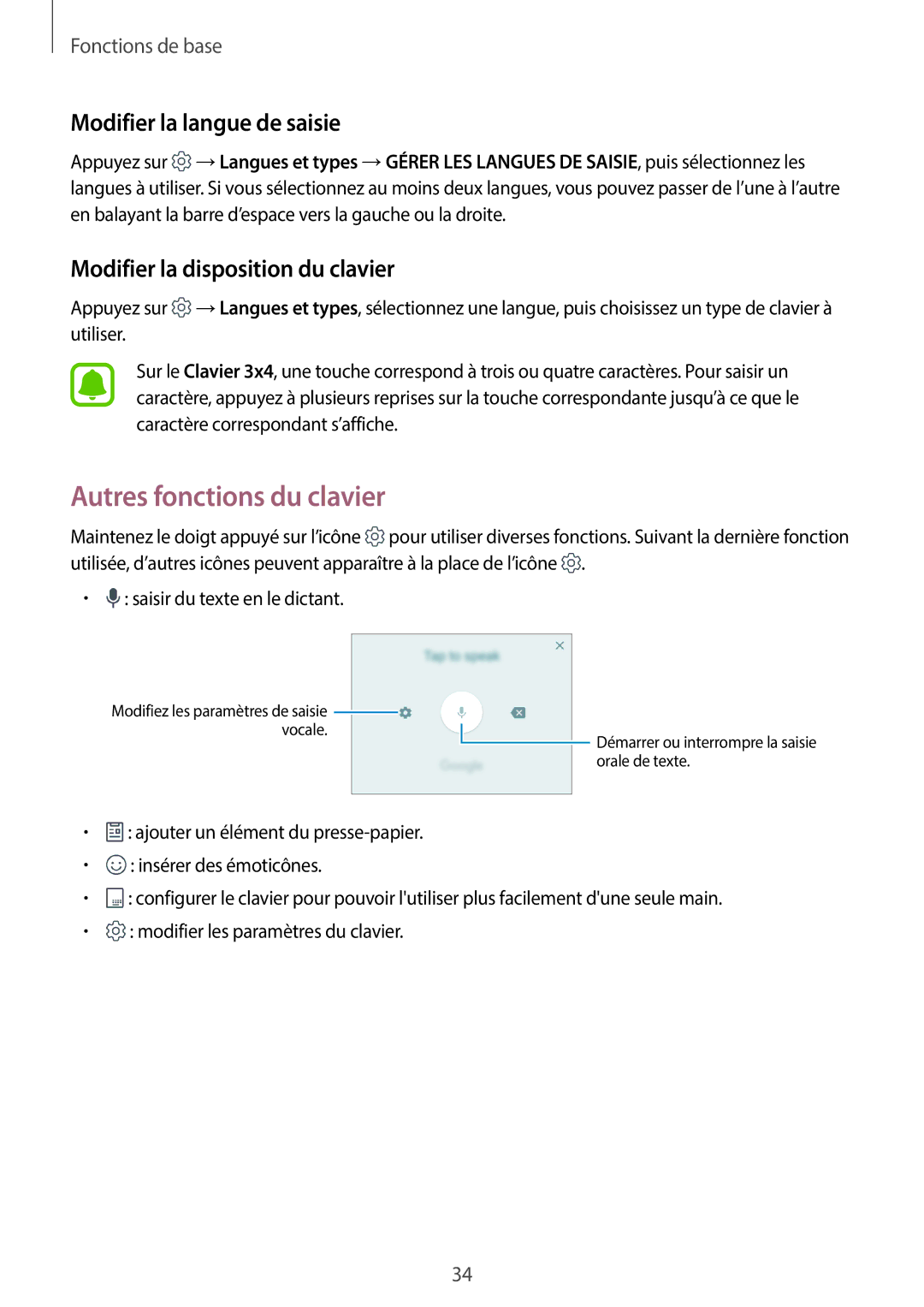 Samsung SM-G390FZKAXEF manual Autres fonctions du clavier, Modifier la langue de saisie, Modifier la disposition du clavier 