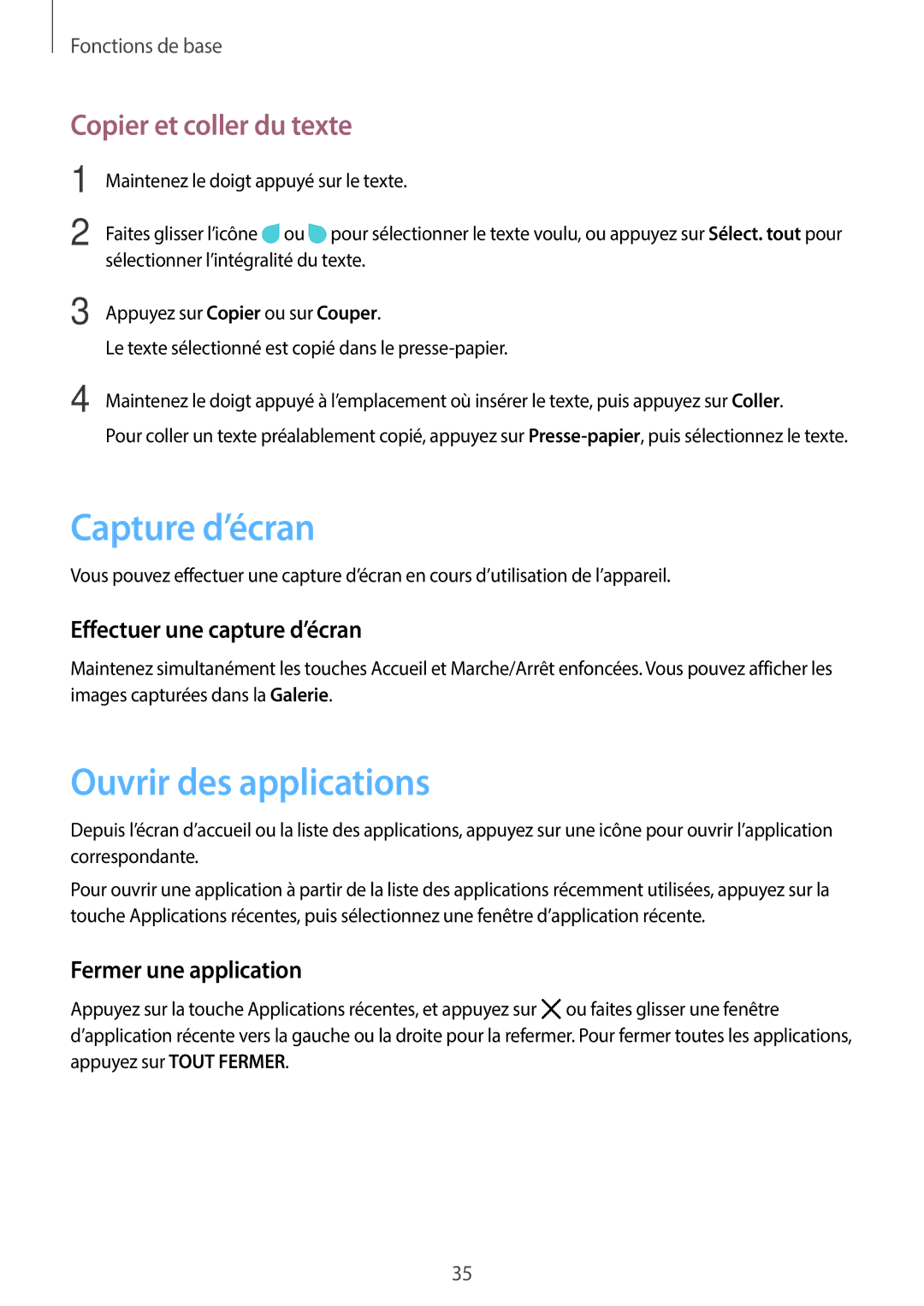 Samsung SM-G390FZKAXEF Capture d’écran, Ouvrir des applications, Copier et coller du texte, Effectuer une capture d’écran 