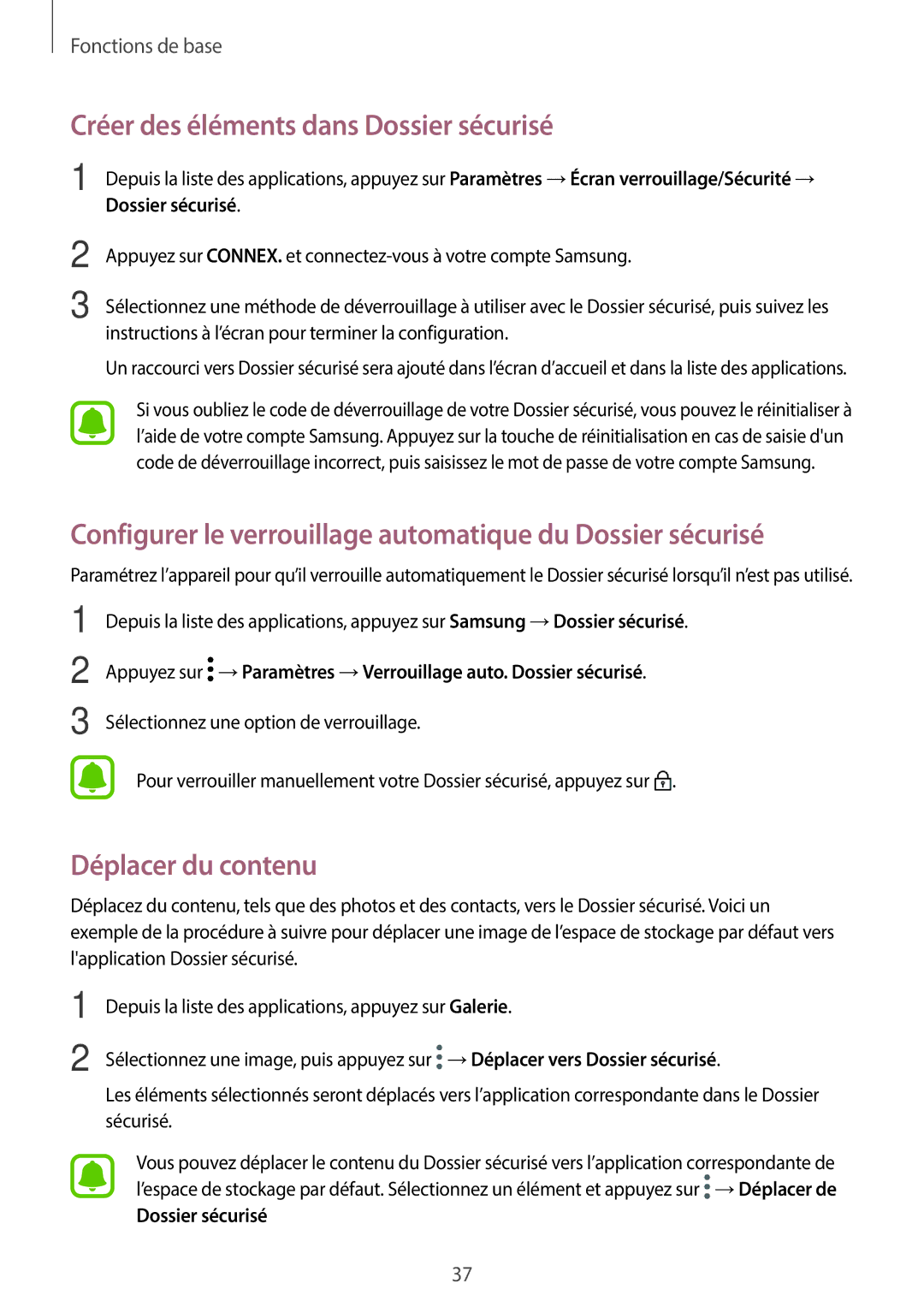Samsung SM-G390FZKAXEF manual Créer des éléments dans Dossier sécurisé, Déplacer du contenu 