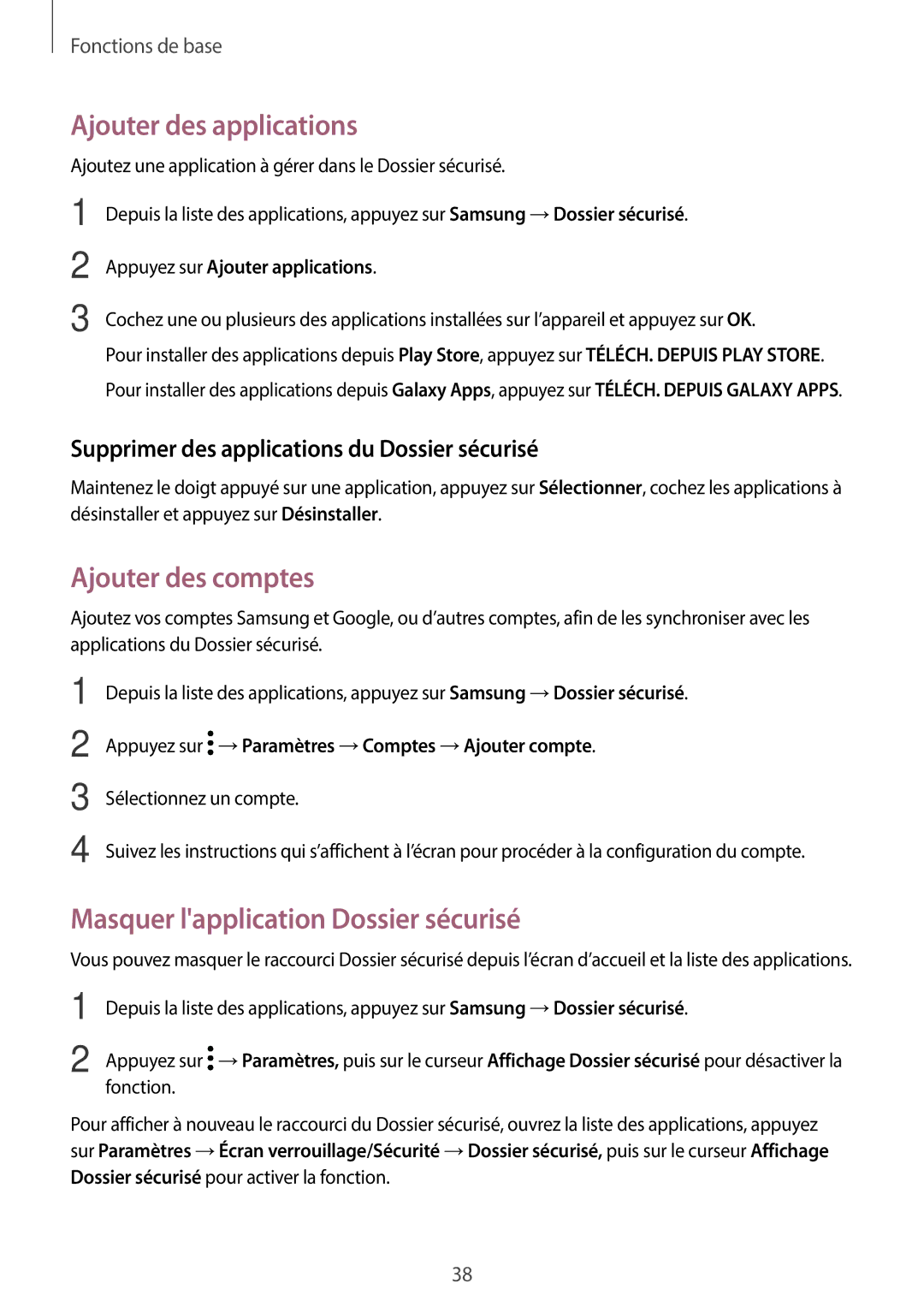 Samsung SM-G390FZKAXEF manual Ajouter des applications, Ajouter des comptes, Masquer lapplication Dossier sécurisé 