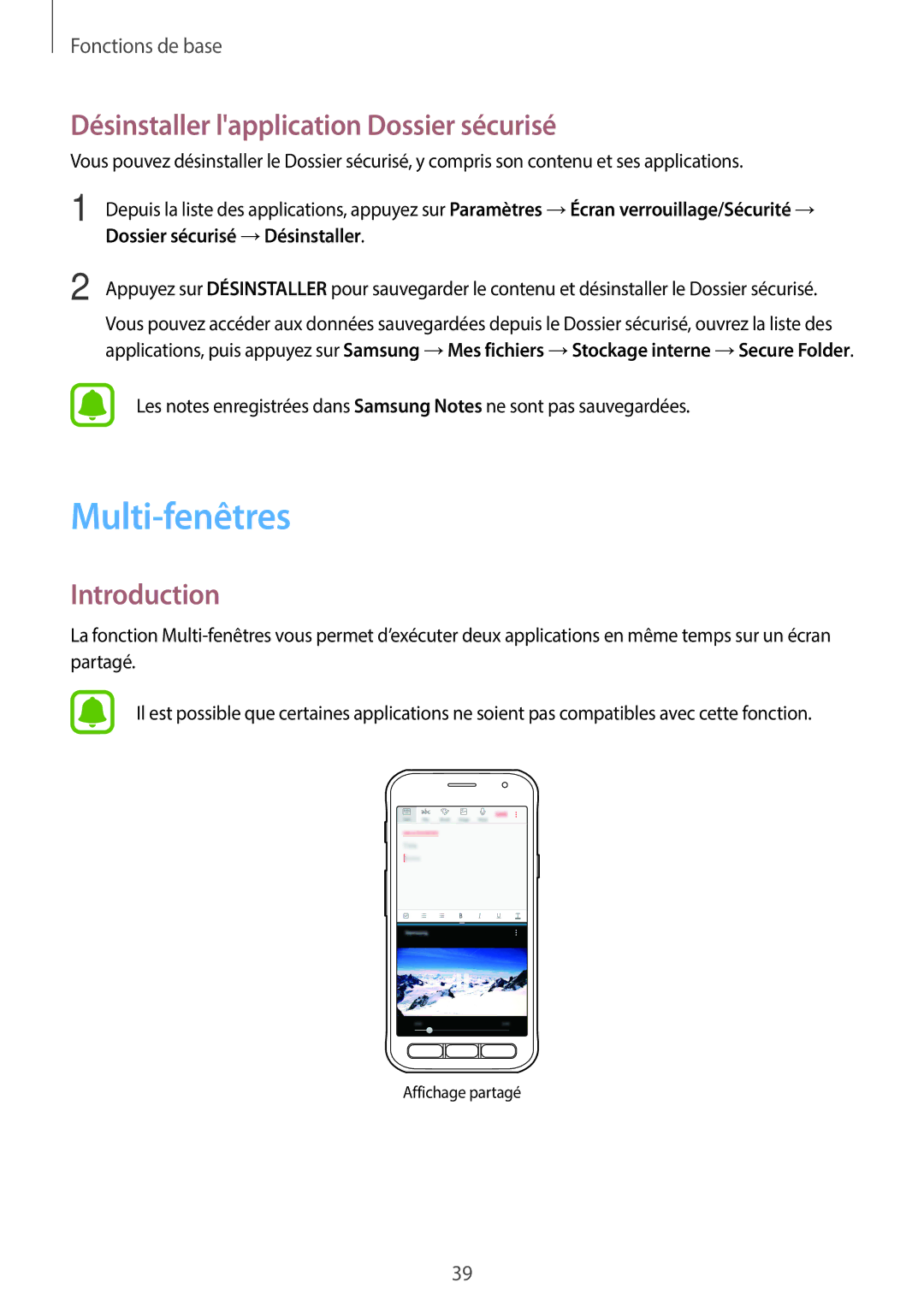 Samsung SM-G390FZKAXEF manual Multi-fenêtres, Désinstaller lapplication Dossier sécurisé, Dossier sécurisé →Désinstaller 