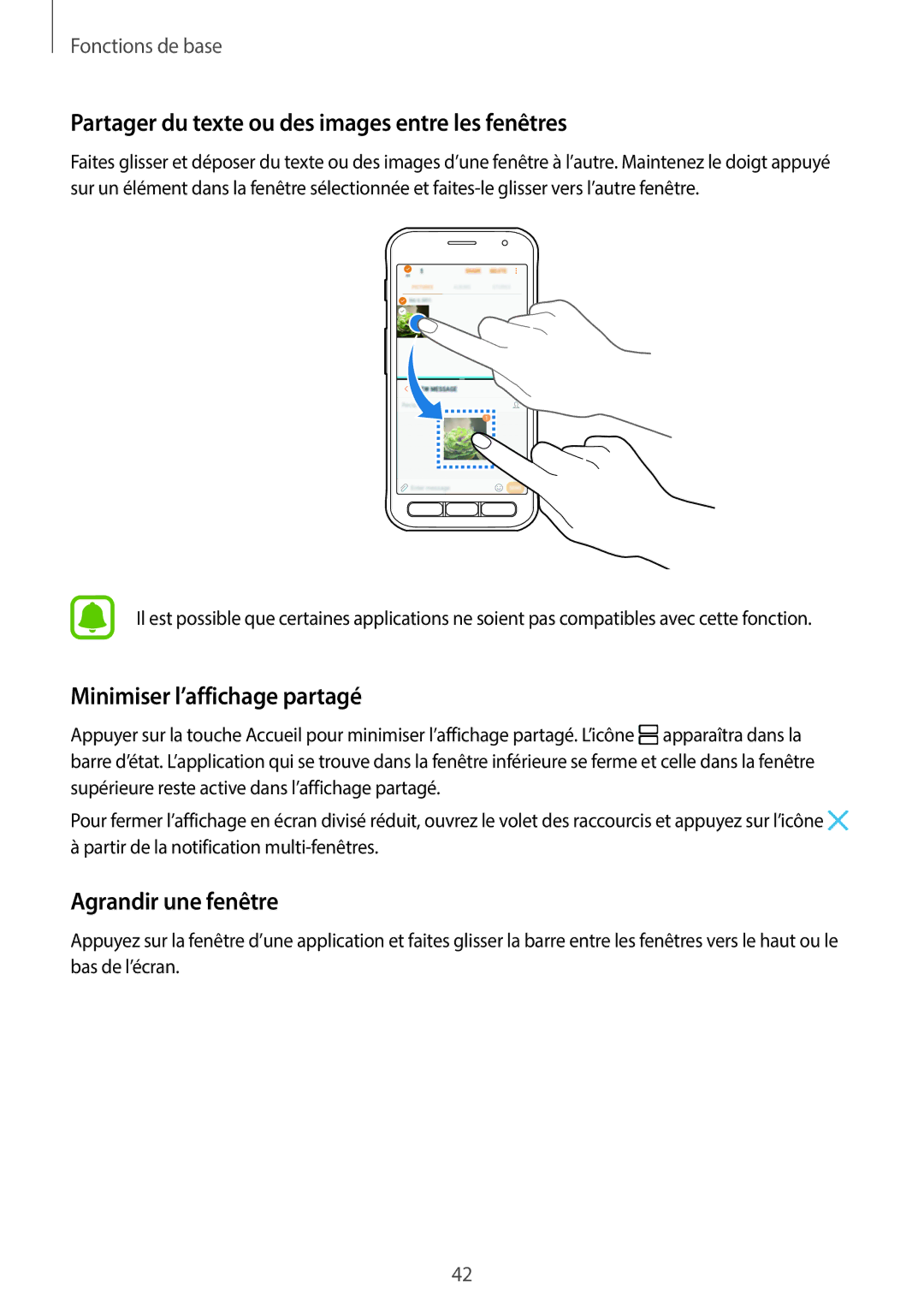 Samsung SM-G390FZKAXEF manual Partager du texte ou des images entre les fenêtres, Minimiser l’affichage partagé 