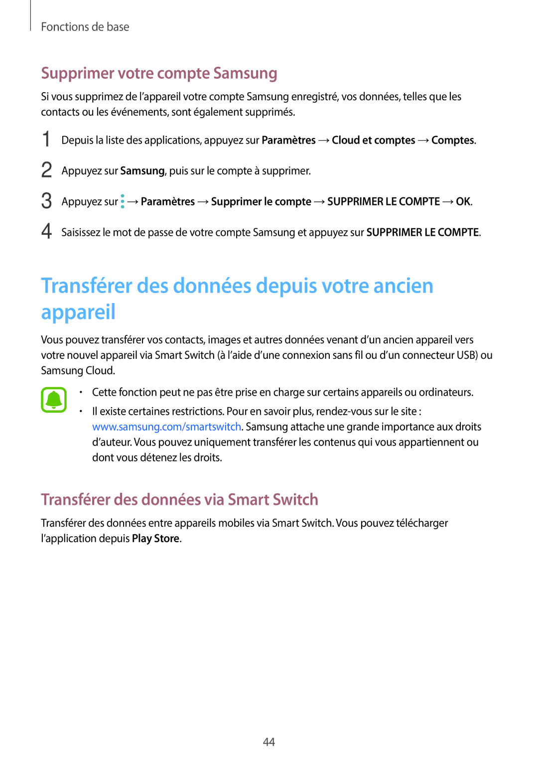 Samsung SM-G390FZKAXEF manual Transférer des données depuis votre ancien appareil, Supprimer votre compte Samsung 