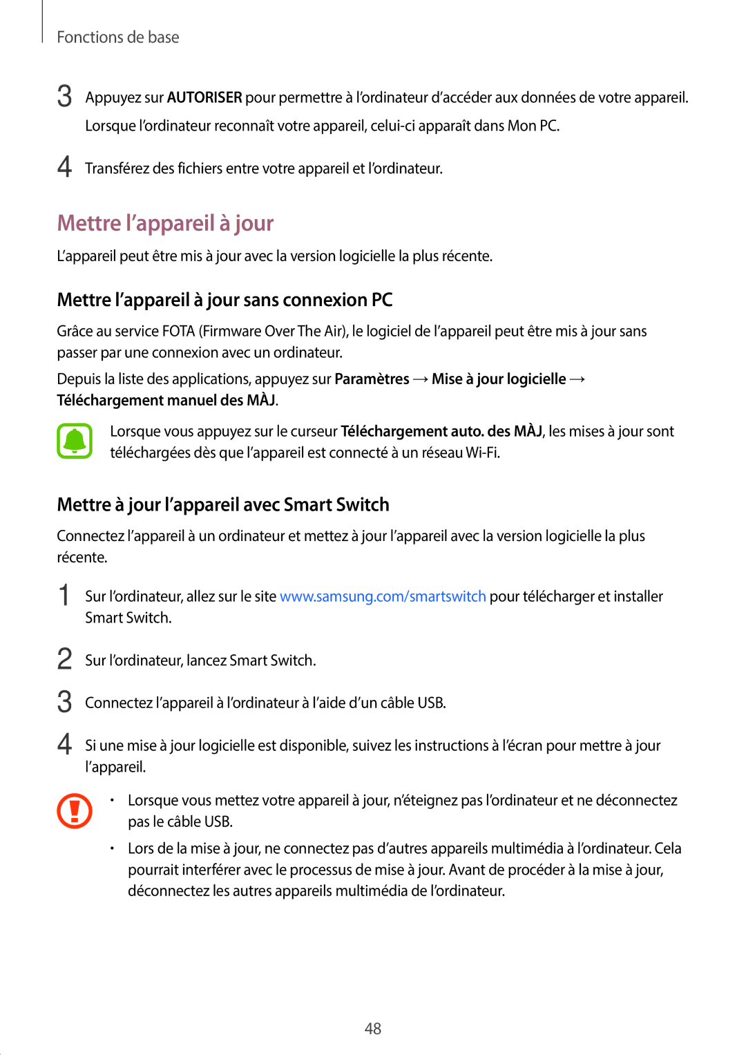 Samsung SM-G390FZKAXEF manual Mettre l’appareil à jour sans connexion PC, Mettre à jour l’appareil avec Smart Switch 