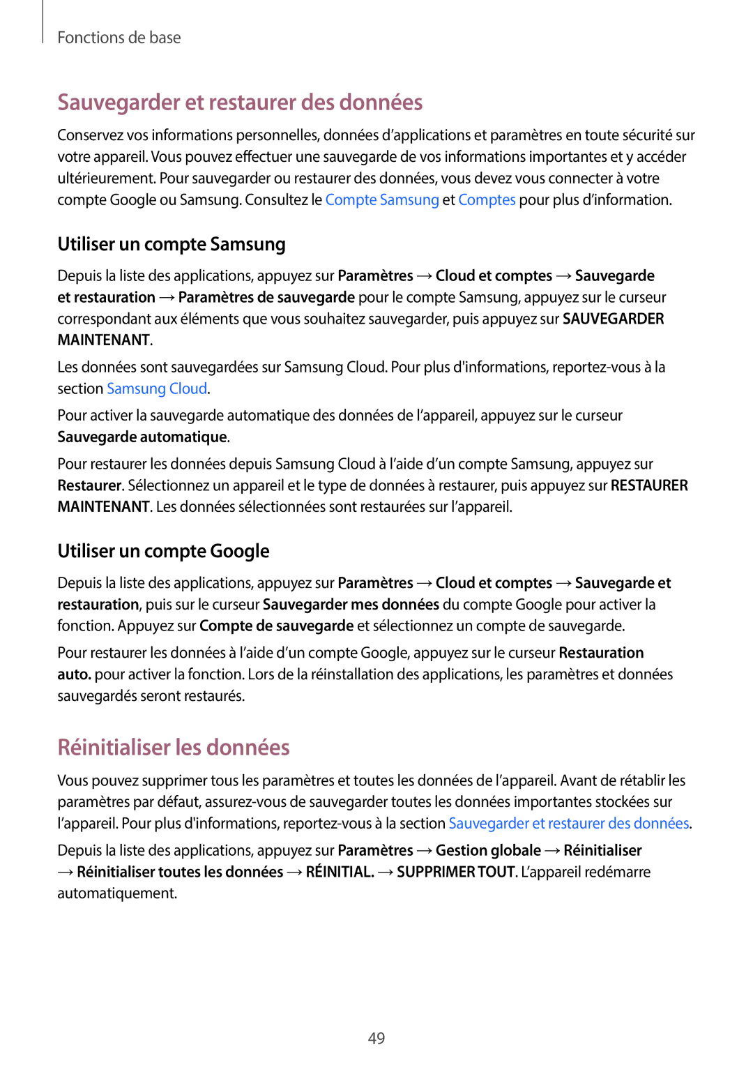 Samsung SM-G390FZKAXEF manual Sauvegarder et restaurer des données, Réinitialiser les données, Utiliser un compte Samsung 
