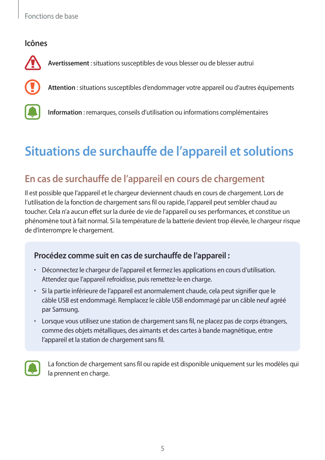 Samsung SM-G390FZKAXEF manual En cas de surchauffe de l’appareil en cours de chargement, Icônes 