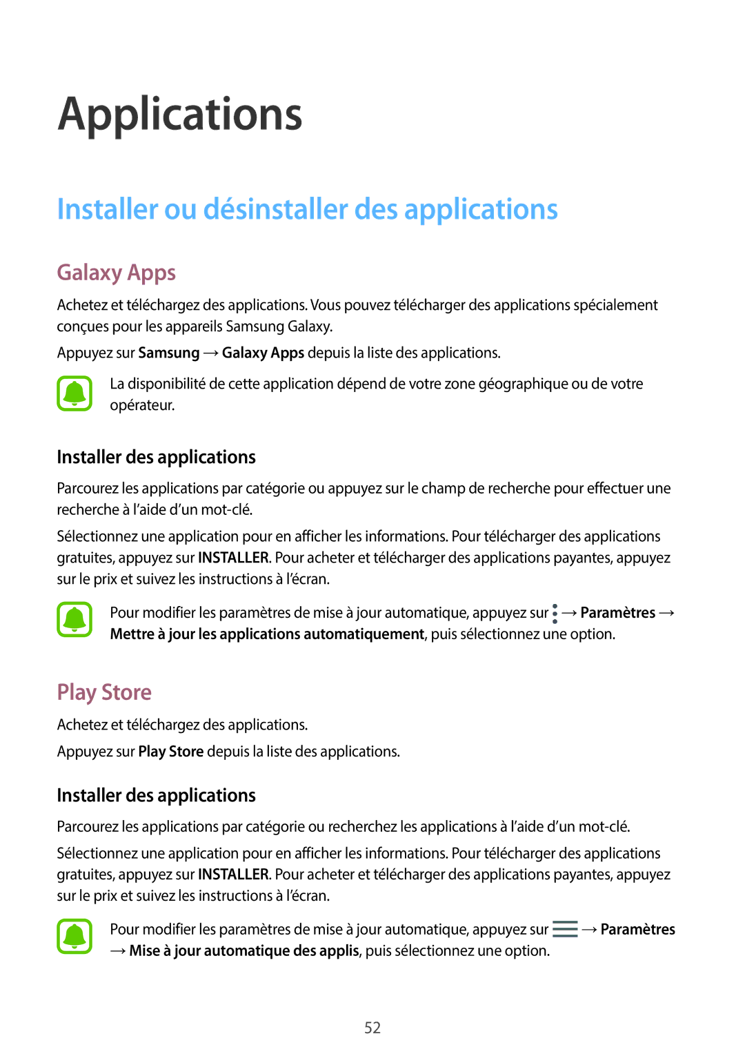 Samsung SM-G390FZKAXEF Installer ou désinstaller des applications, Galaxy Apps, Play Store, Installer des applications 