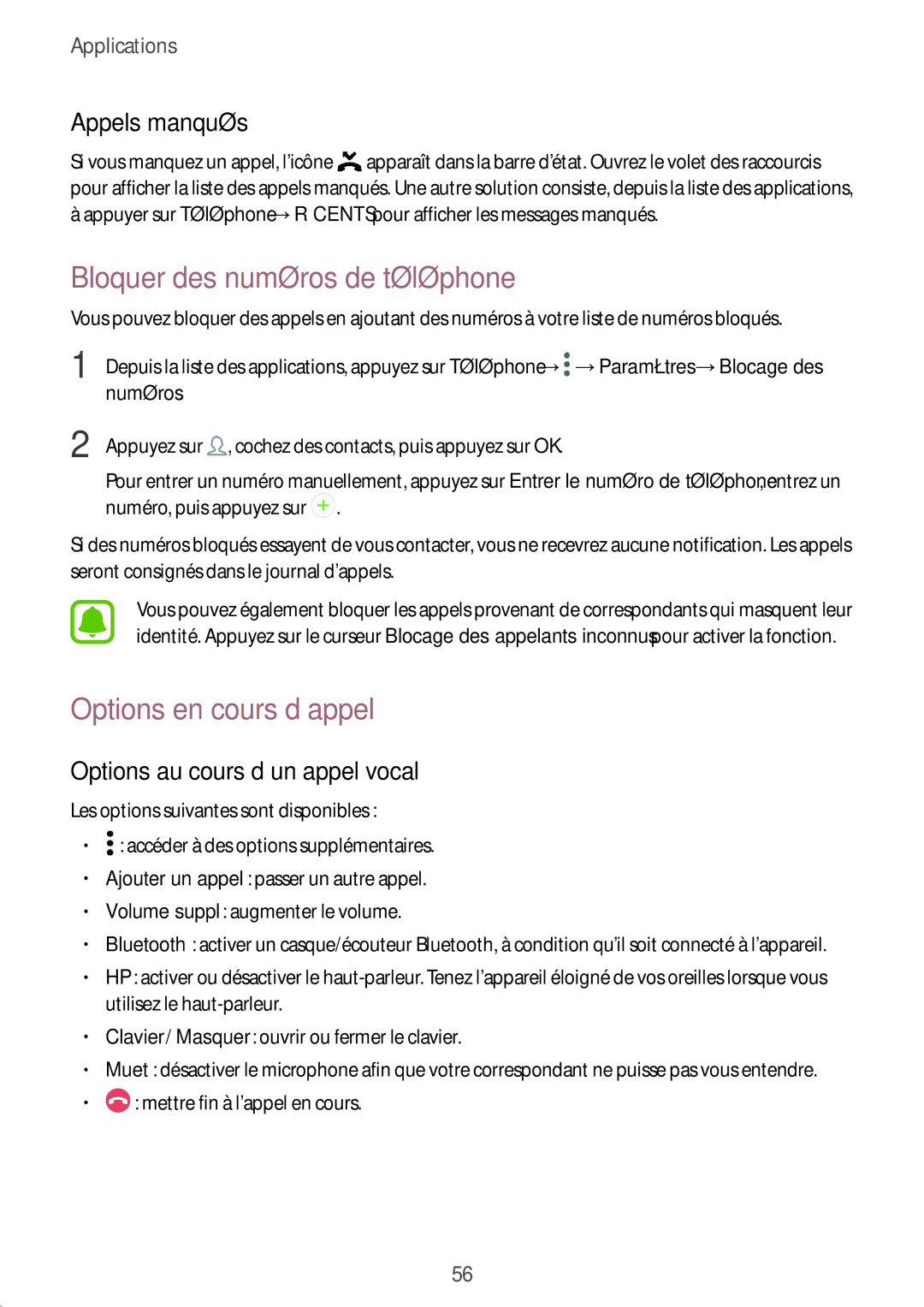 Samsung SM-G390FZKAXEF manual Bloquer des numéros de téléphone, Options en cours d’appel, Appels manqués, Numéros 