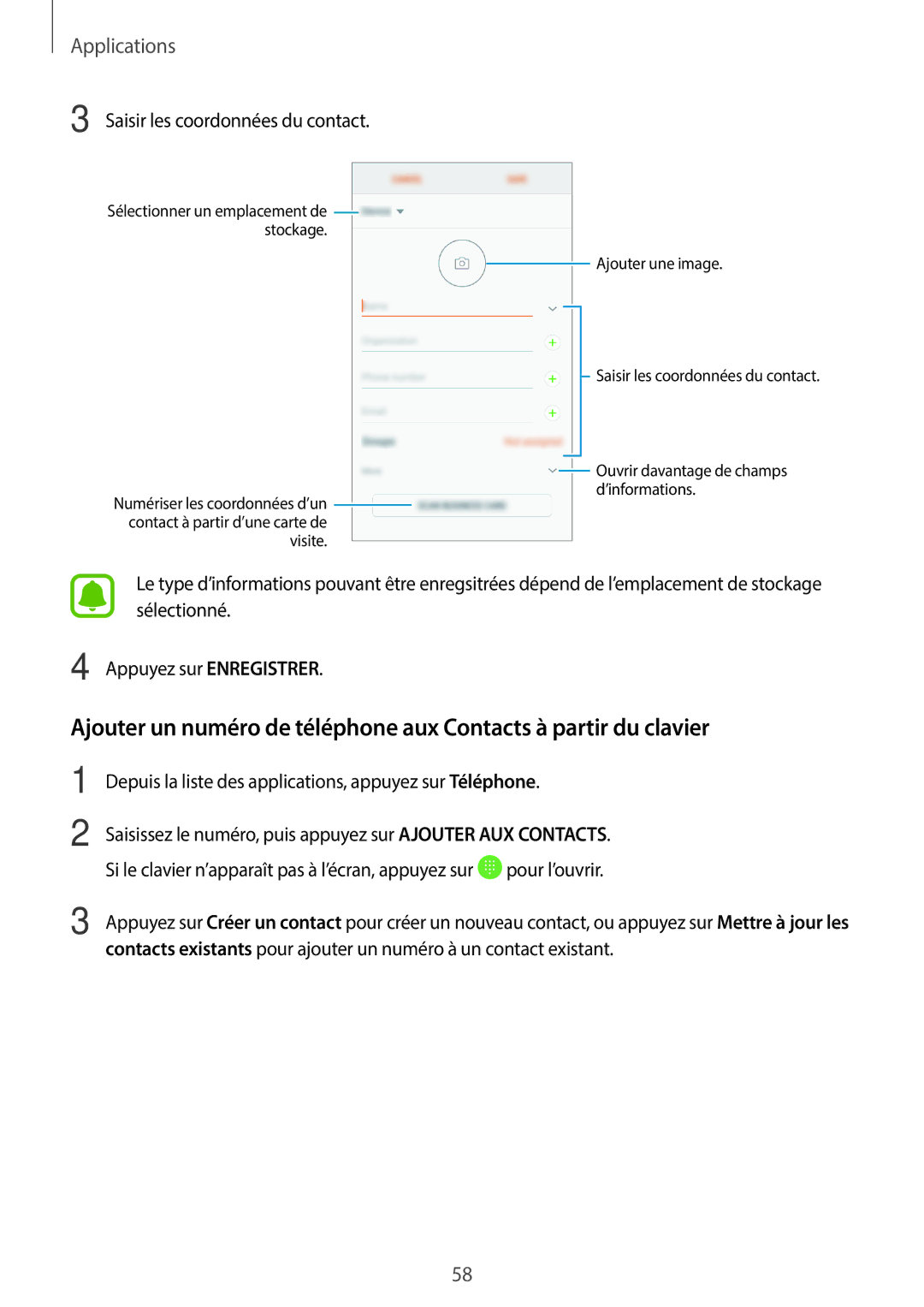 Samsung SM-G390FZKAXEF manual Saisir les coordonnées du contact 