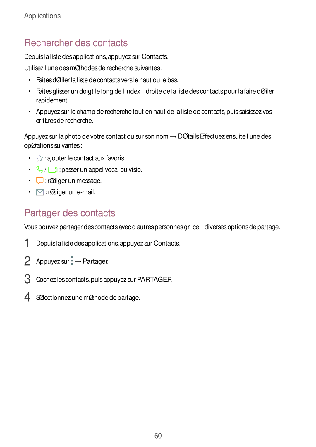 Samsung SM-G390FZKAXEF manual Rechercher des contacts, Partager des contacts 