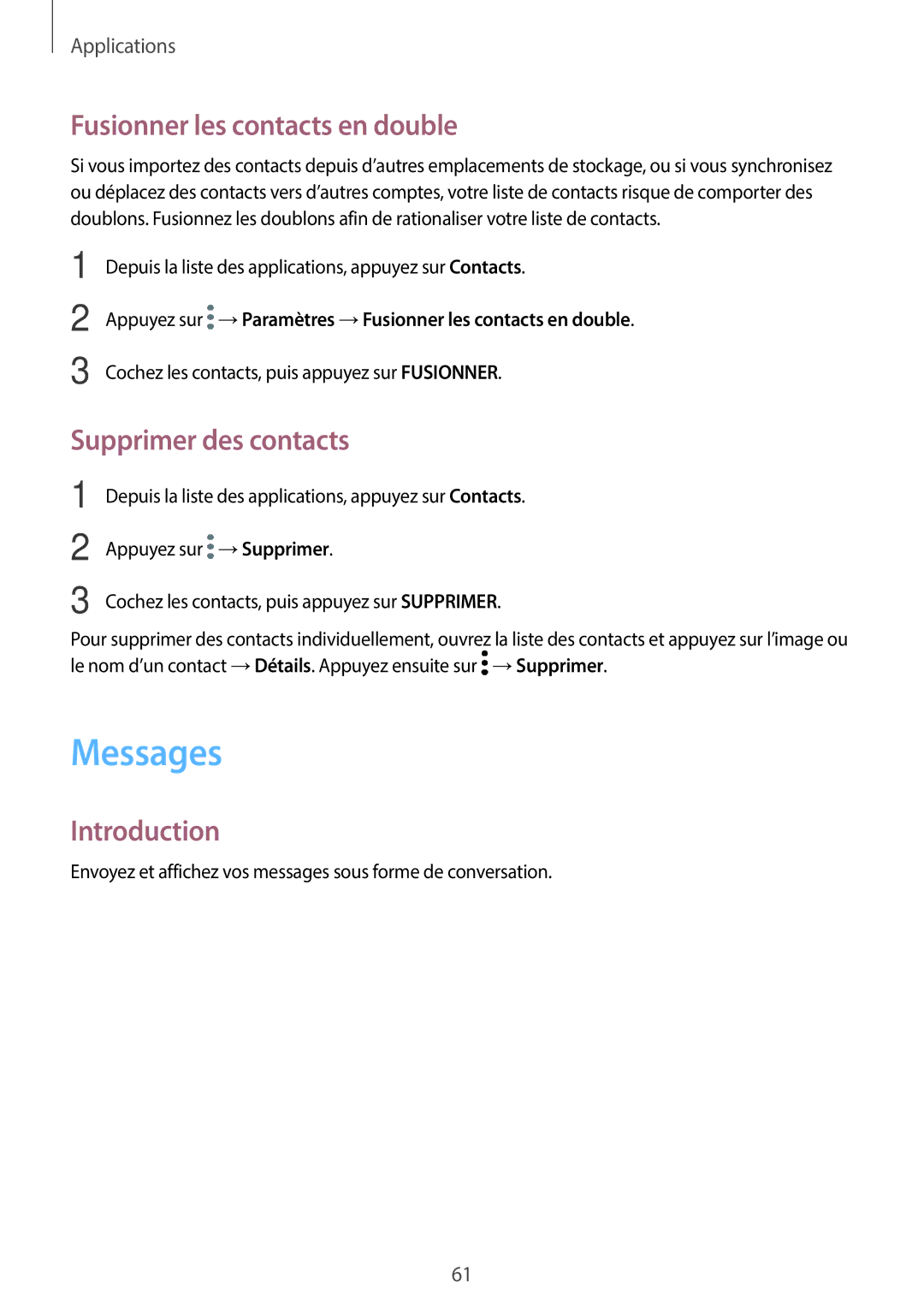 Samsung SM-G390FZKAXEF manual Messages, Fusionner les contacts en double, Supprimer des contacts 