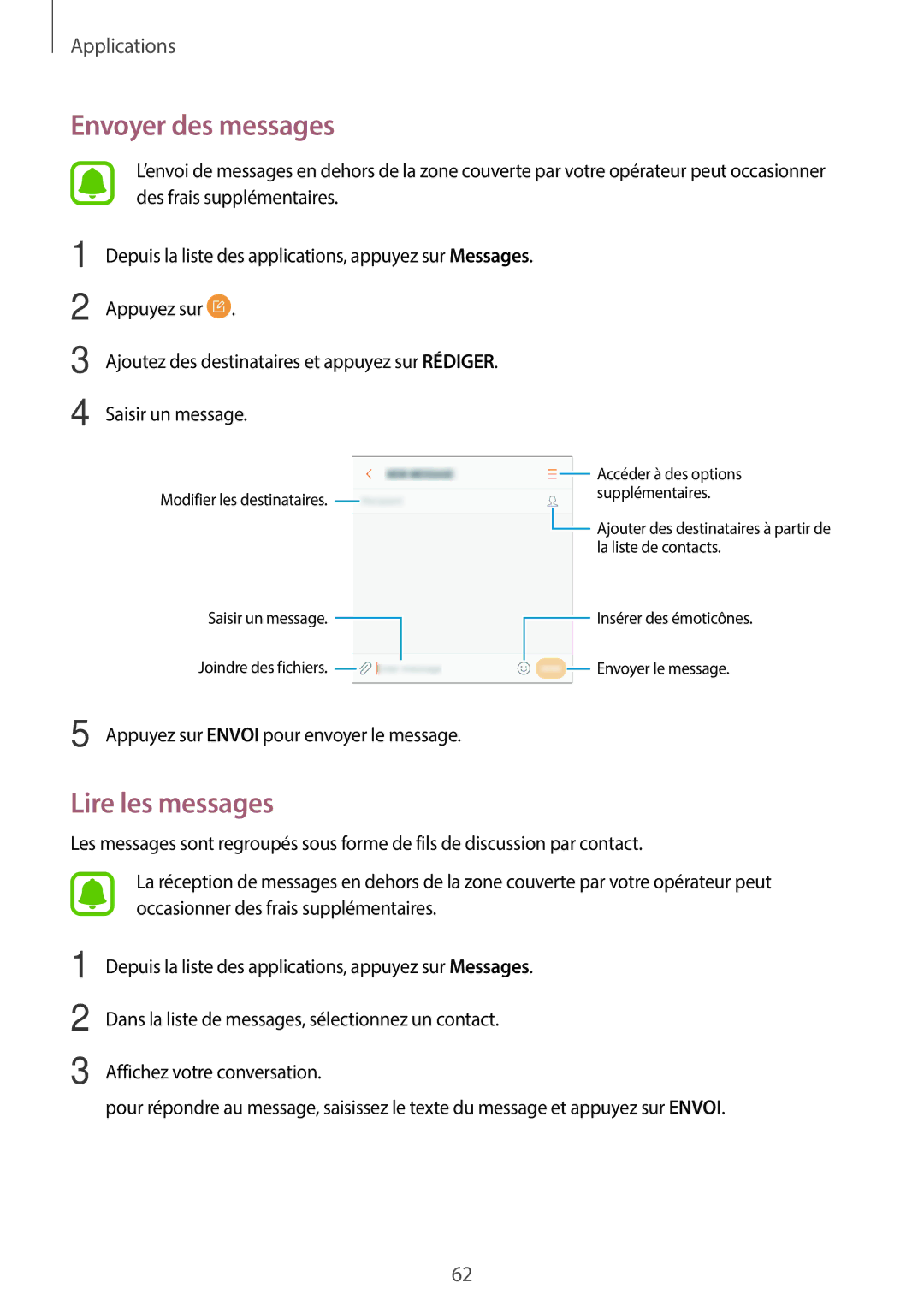 Samsung SM-G390FZKAXEF manual Envoyer des messages, Lire les messages 