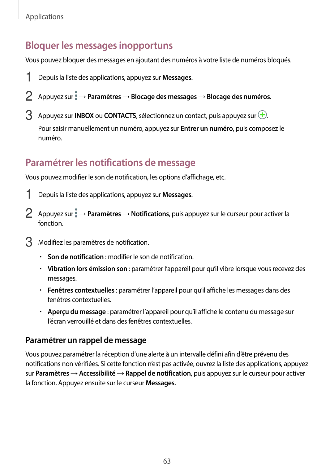 Samsung SM-G390FZKAXEF manual Bloquer les messages inopportuns, Paramétrer les notifications de message 