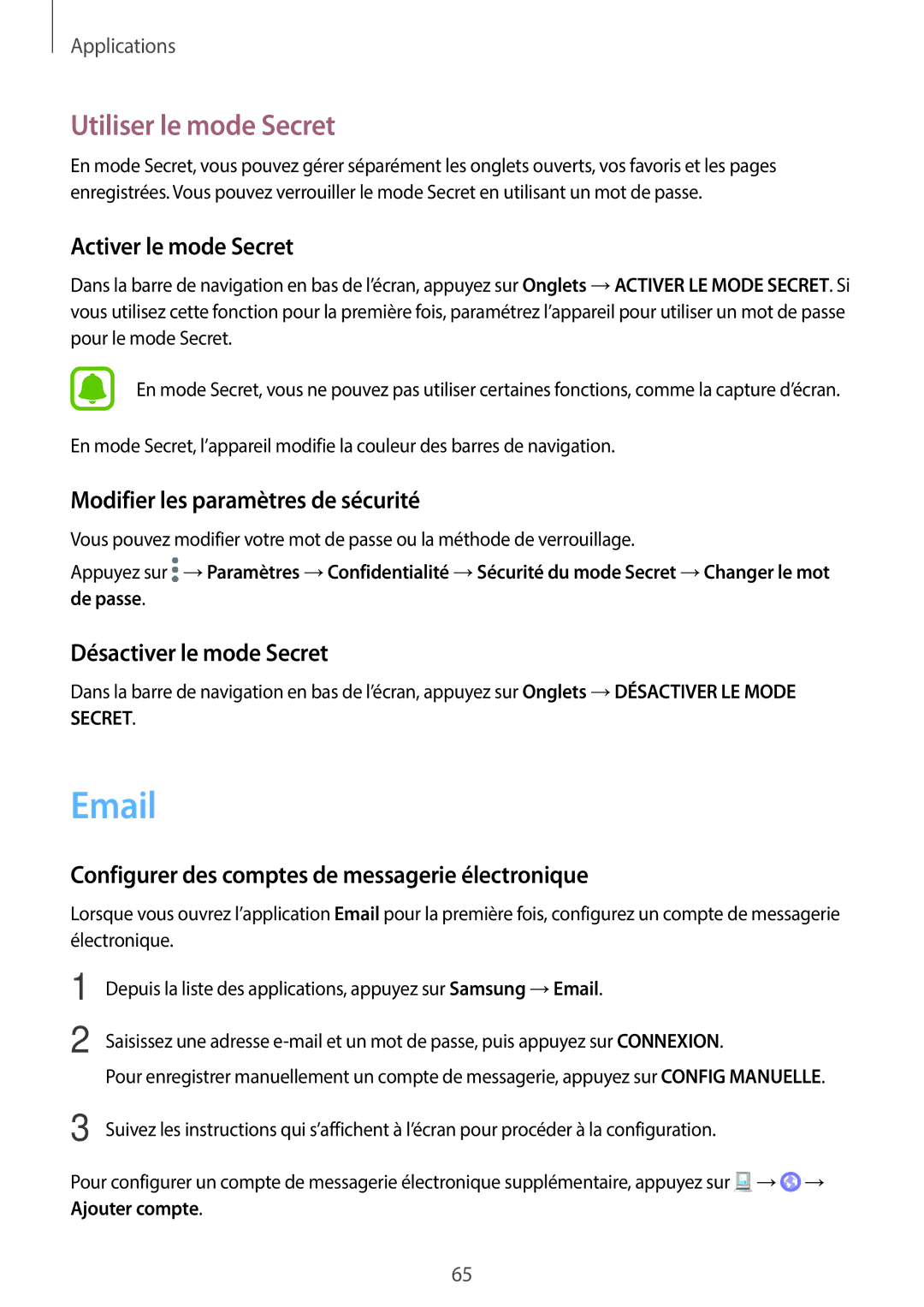 Samsung SM-G390FZKAXEF manual Utiliser le mode Secret, Activer le mode Secret, Modifier les paramètres de sécurité 