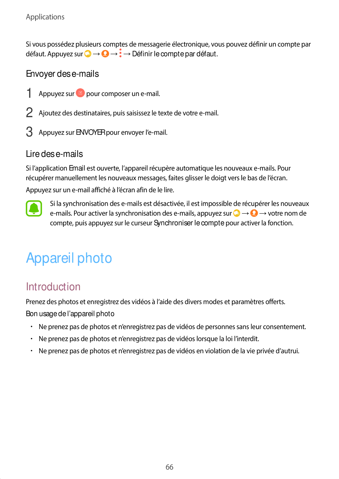 Samsung SM-G390FZKAXEF manual Appareil photo, Envoyer des e-mails, Lire des e-mails, Bon usage de l’appareil photo 