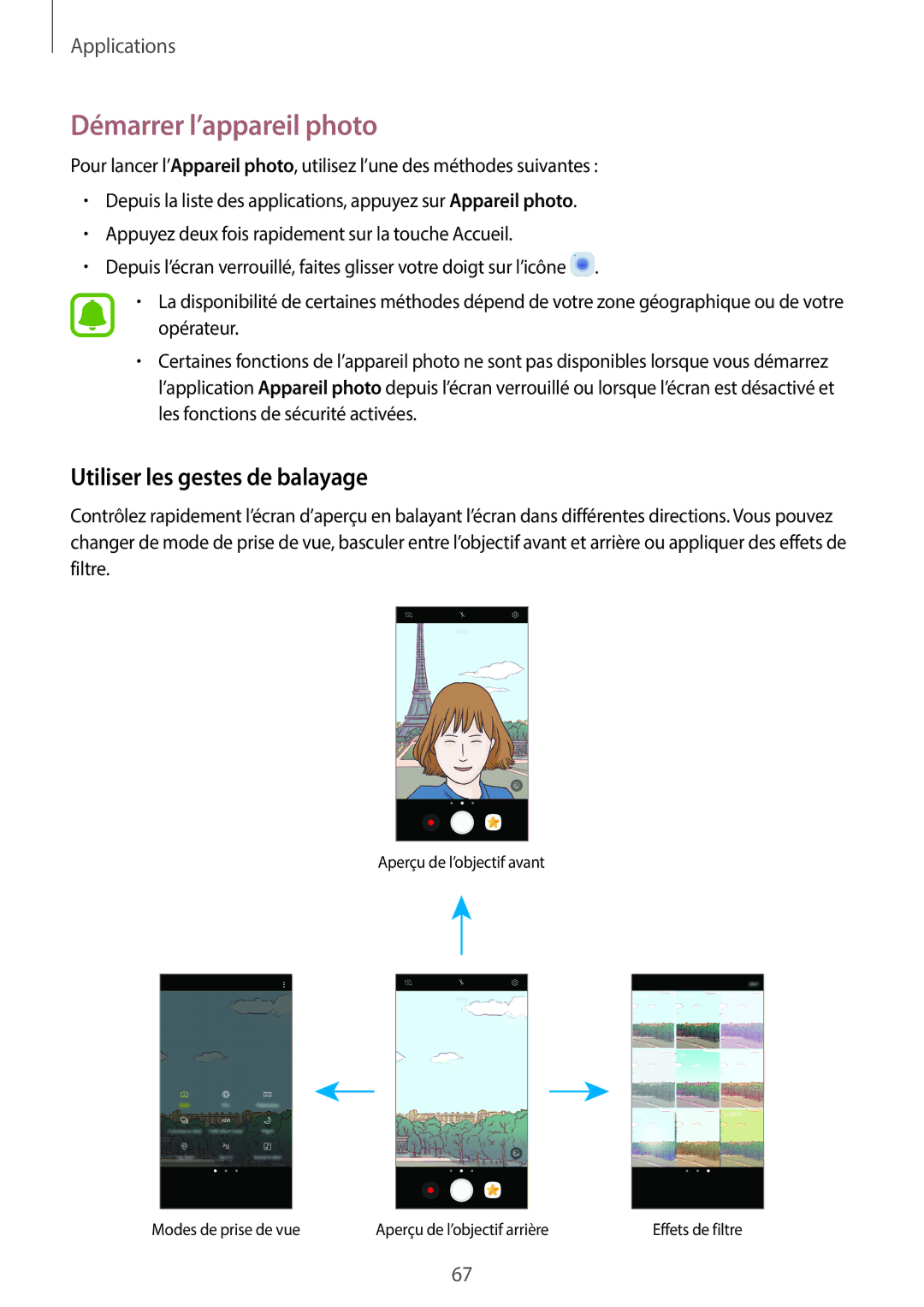 Samsung SM-G390FZKAXEF manual Démarrer l’appareil photo, Utiliser les gestes de balayage 