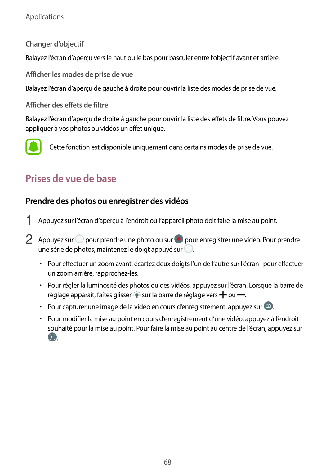 Samsung SM-G390FZKAXEF manual Prises de vue de base, Prendre des photos ou enregistrer des vidéos 