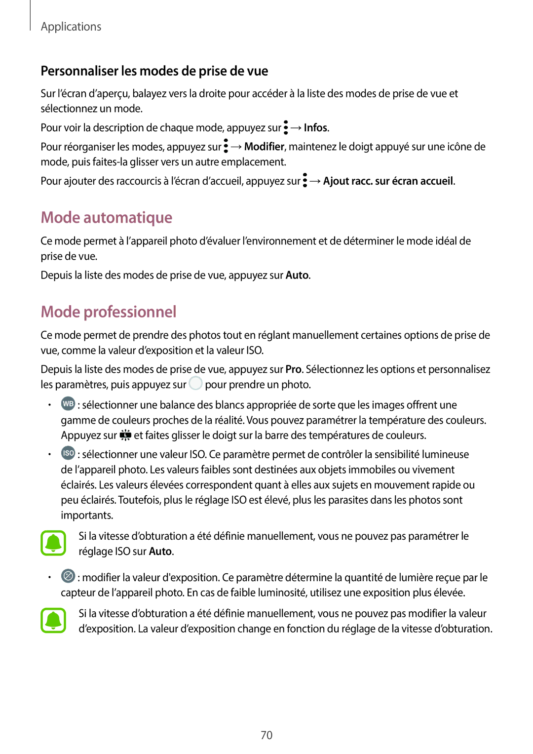 Samsung SM-G390FZKAXEF manual Mode automatique, Mode professionnel, Personnaliser les modes de prise de vue 