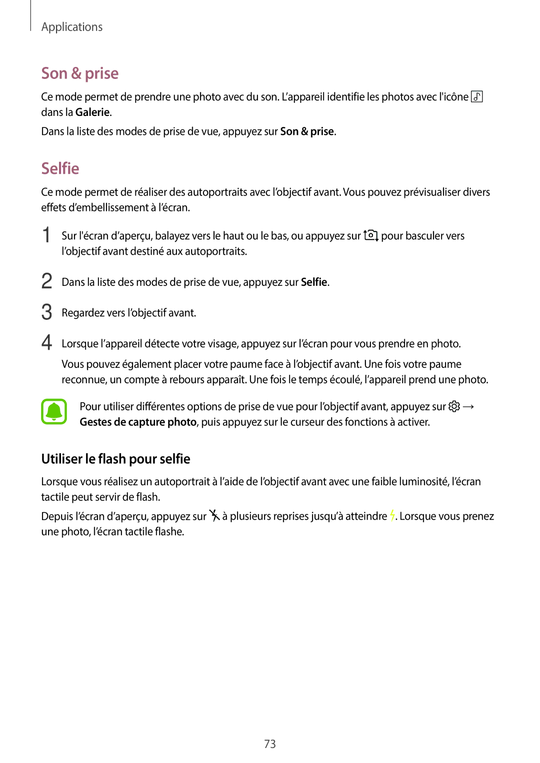 Samsung SM-G390FZKAXEF manual Son & prise, Selfie, Utiliser le flash pour selfie 