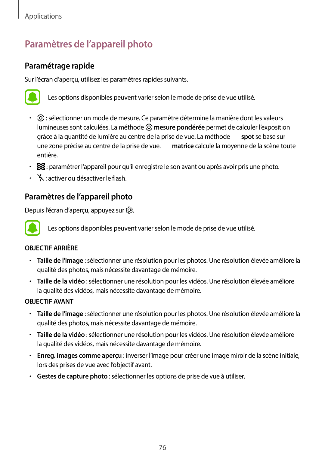 Samsung SM-G390FZKAXEF manual Paramètres de l’appareil photo, Paramétrage rapide 