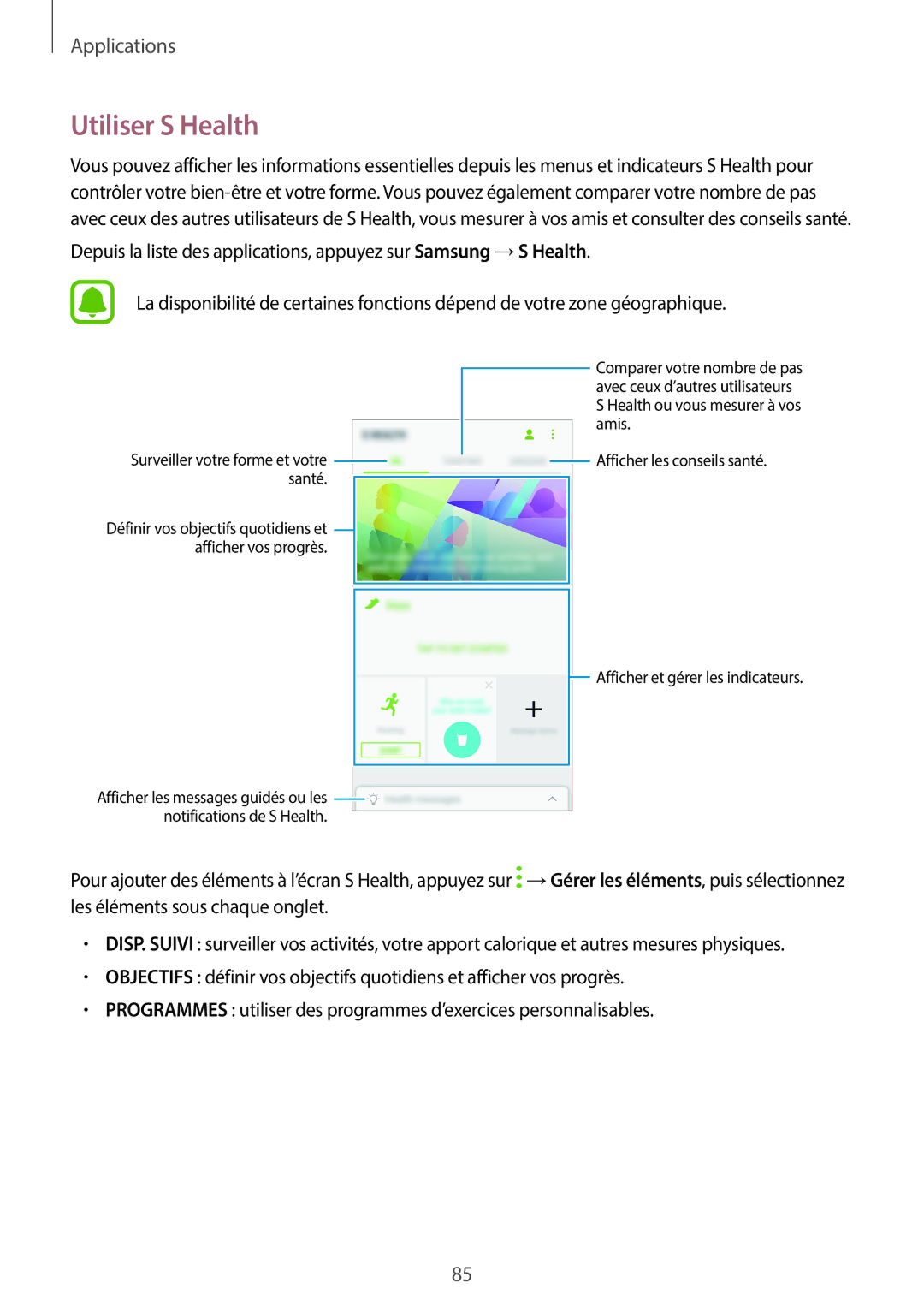 Samsung SM-G390FZKAXEF manual Utiliser S Health 