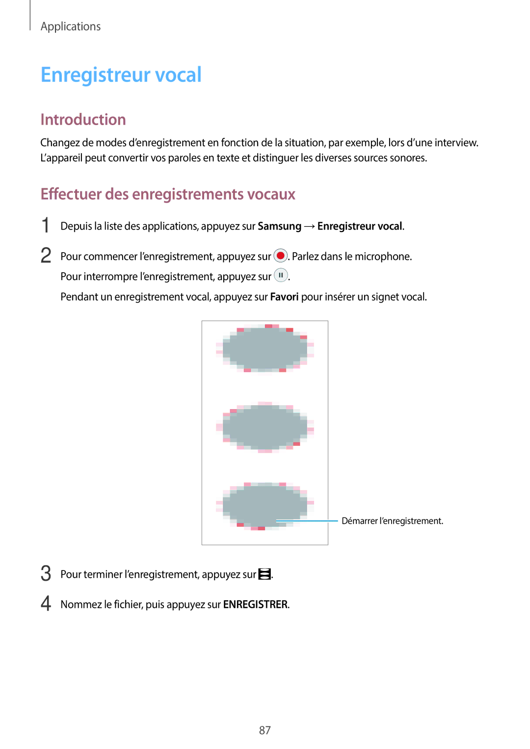 Samsung SM-G390FZKAXEF manual Enregistreur vocal, Effectuer des enregistrements vocaux 