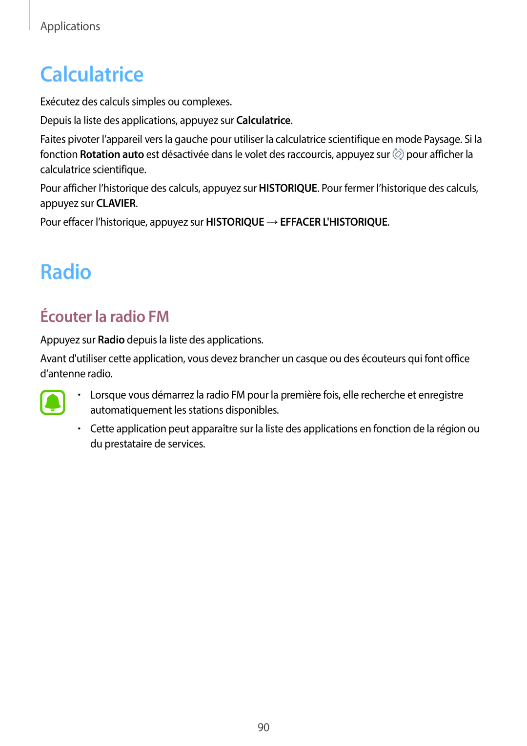 Samsung SM-G390FZKAXEF manual Calculatrice, Radio, Écouter la radio FM 