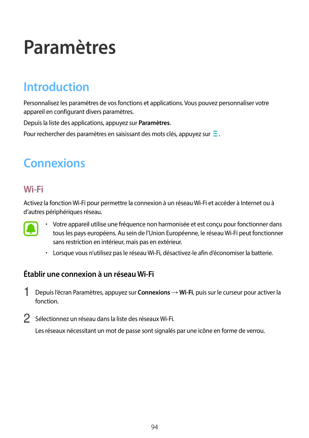 Samsung SM-G390FZKAXEF manual Introduction, Connexions, Établir une connexion à un réseau Wi-Fi 