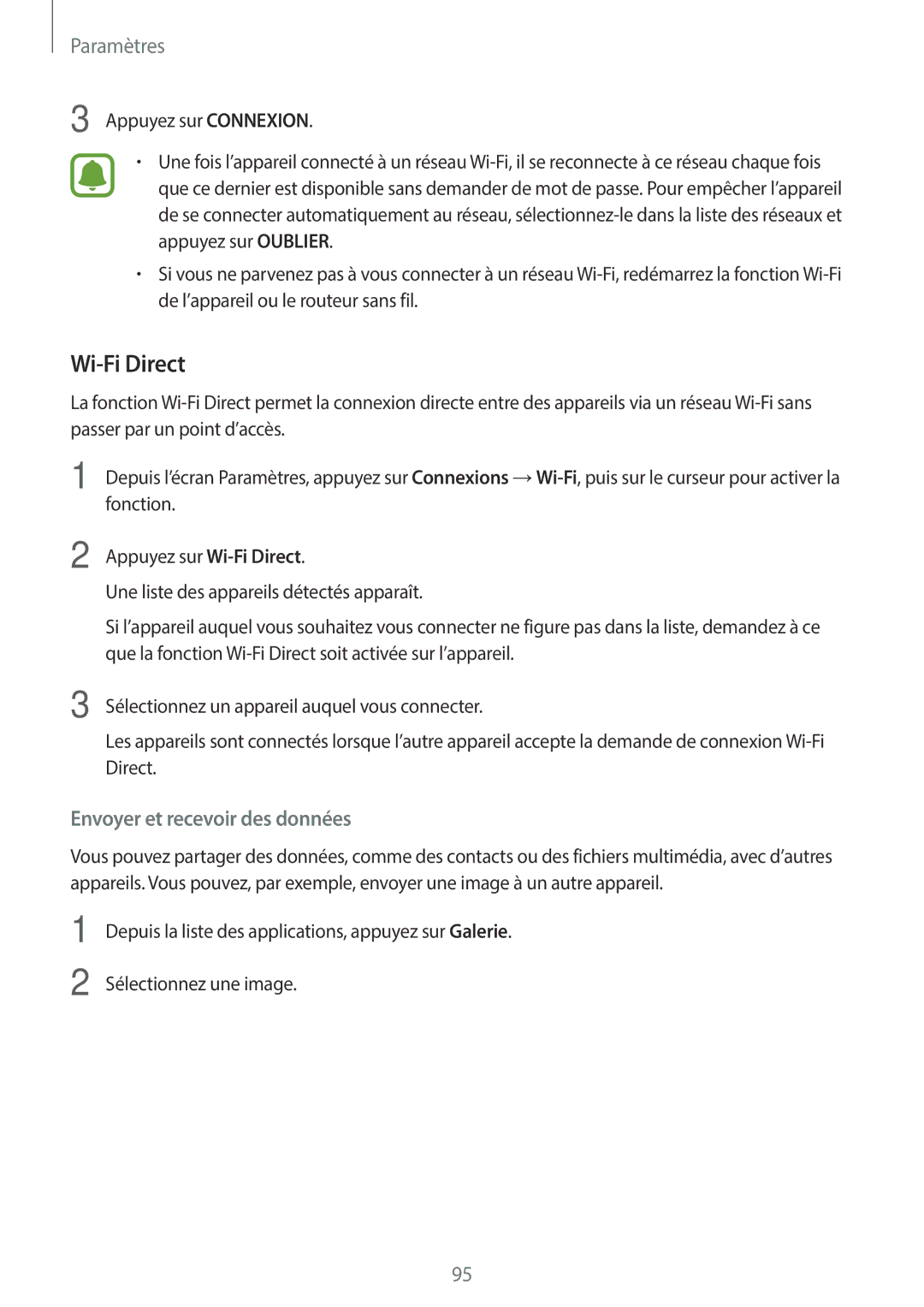 Samsung SM-G390FZKAXEF manual Wi-Fi Direct, Paramètres 