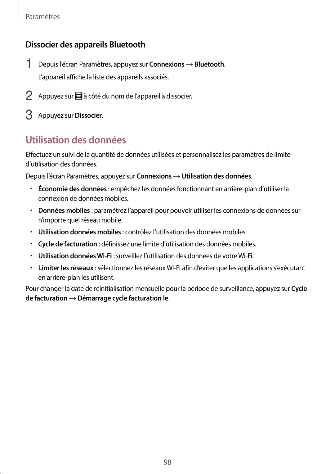 Samsung SM-G390FZKAXEF manual Utilisation des données, Dissocier des appareils Bluetooth 