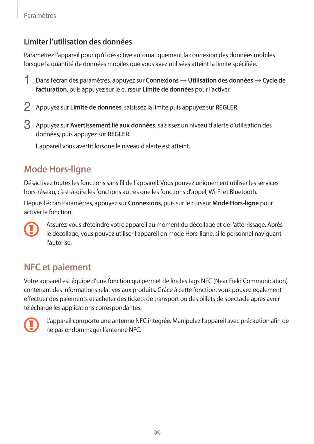 Samsung SM-G390FZKAXEF manual Mode Hors-ligne, NFC et paiement, Limiter l’utilisation des données 