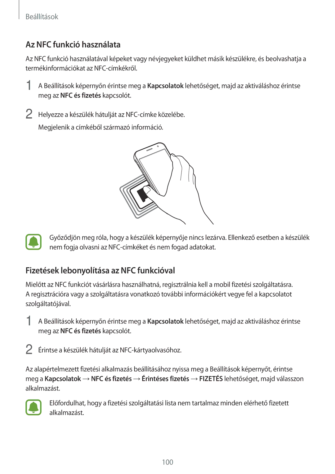 Samsung SM-G390FZKAXEH manual Az NFC funkció használata, Fizetések lebonyolítása az NFC funkcióval 